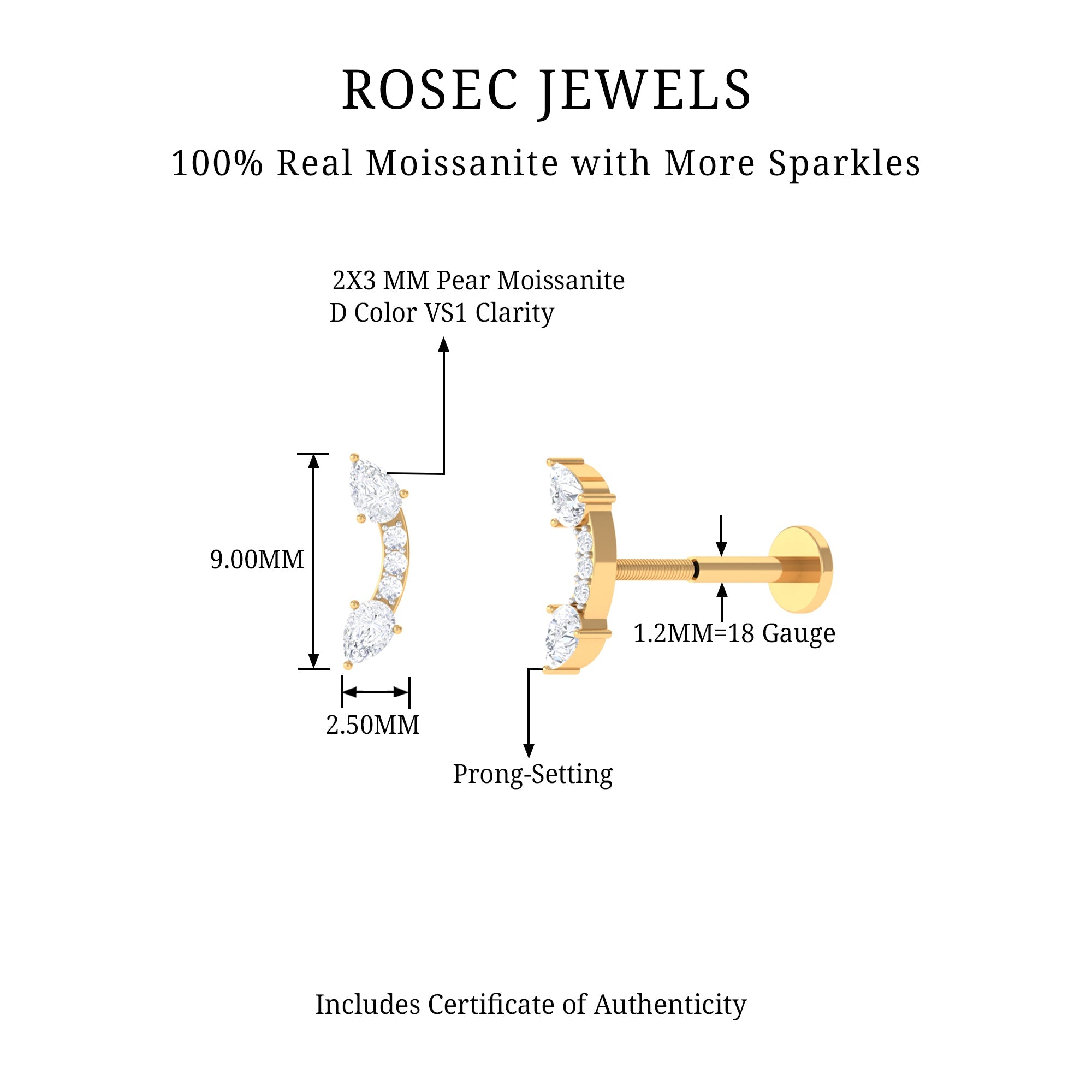 Certified Moissanite Curved Cartilage Earring