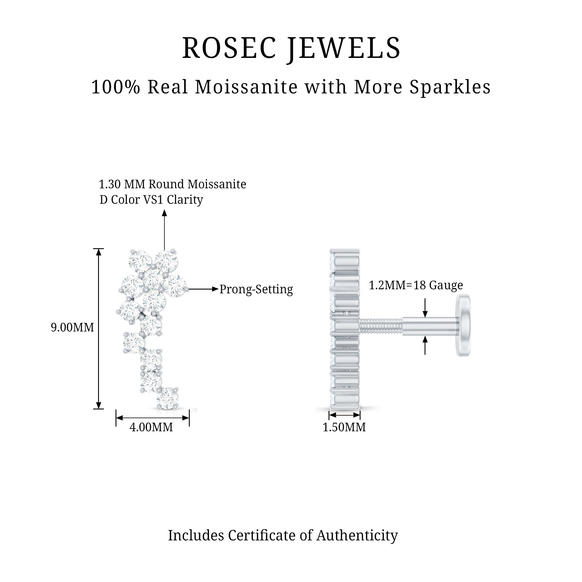 Moissanite Minimal Ear Crawler Earring for Cartilage Piercing