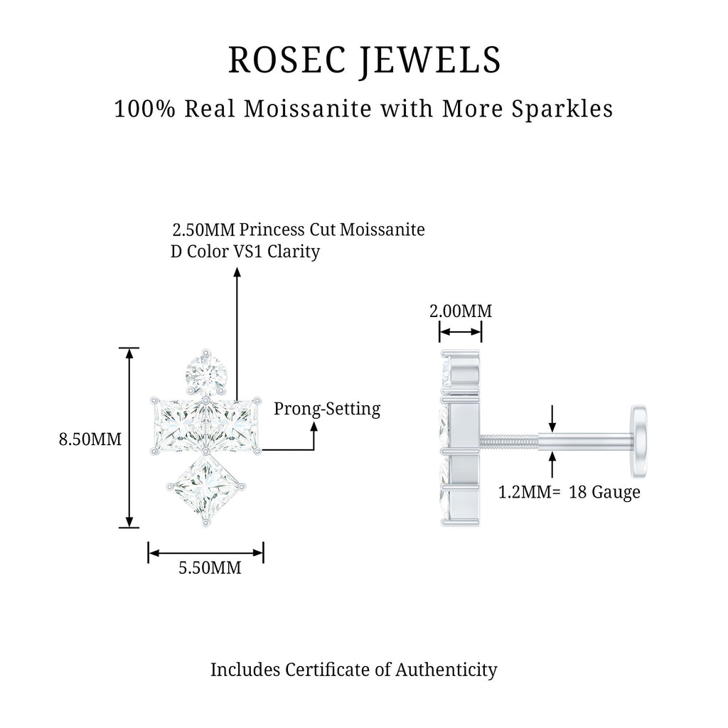 Round and Princess Cut Moissanite Cluster Helix Earring