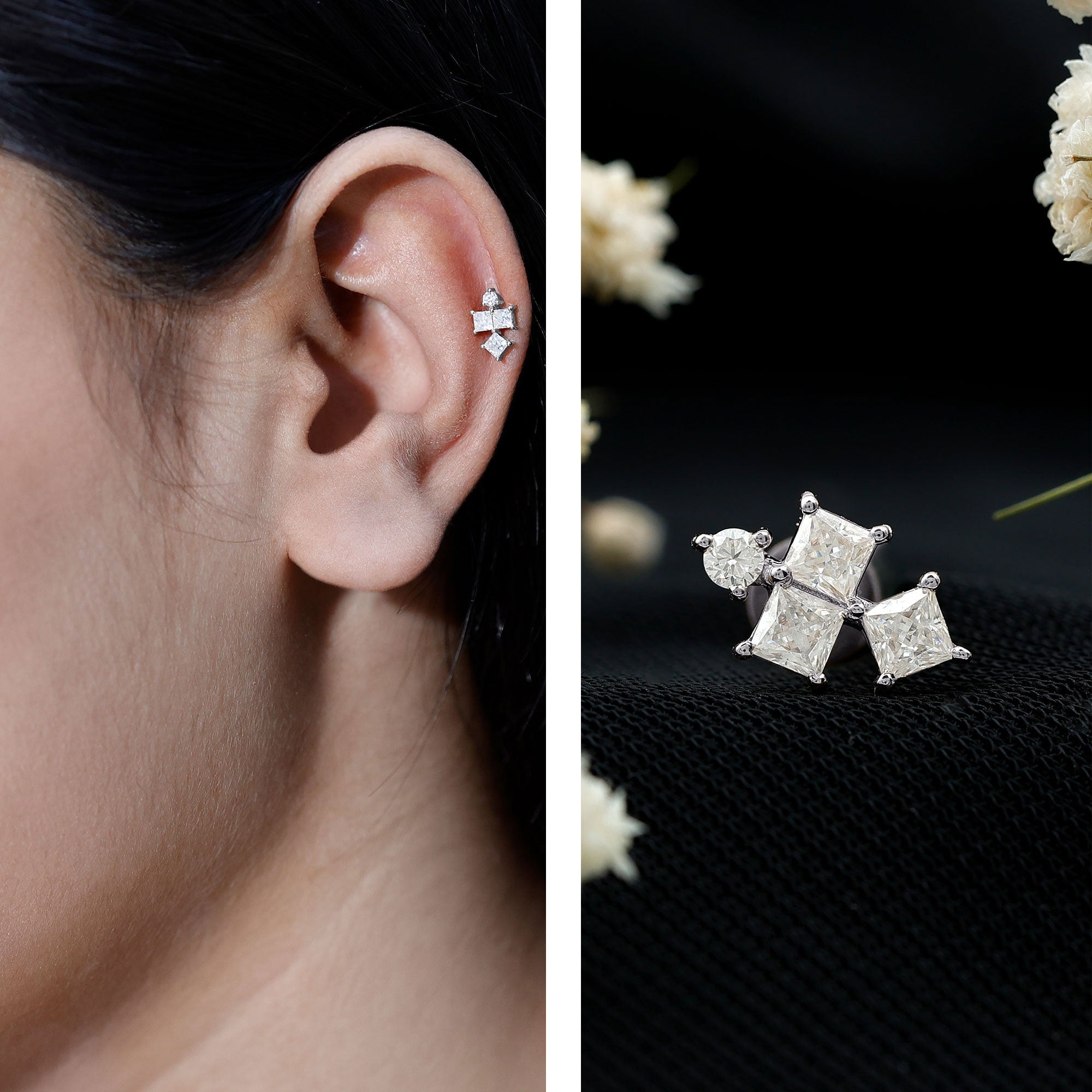 Round and Princess Cut Moissanite Cluster Helix Earring