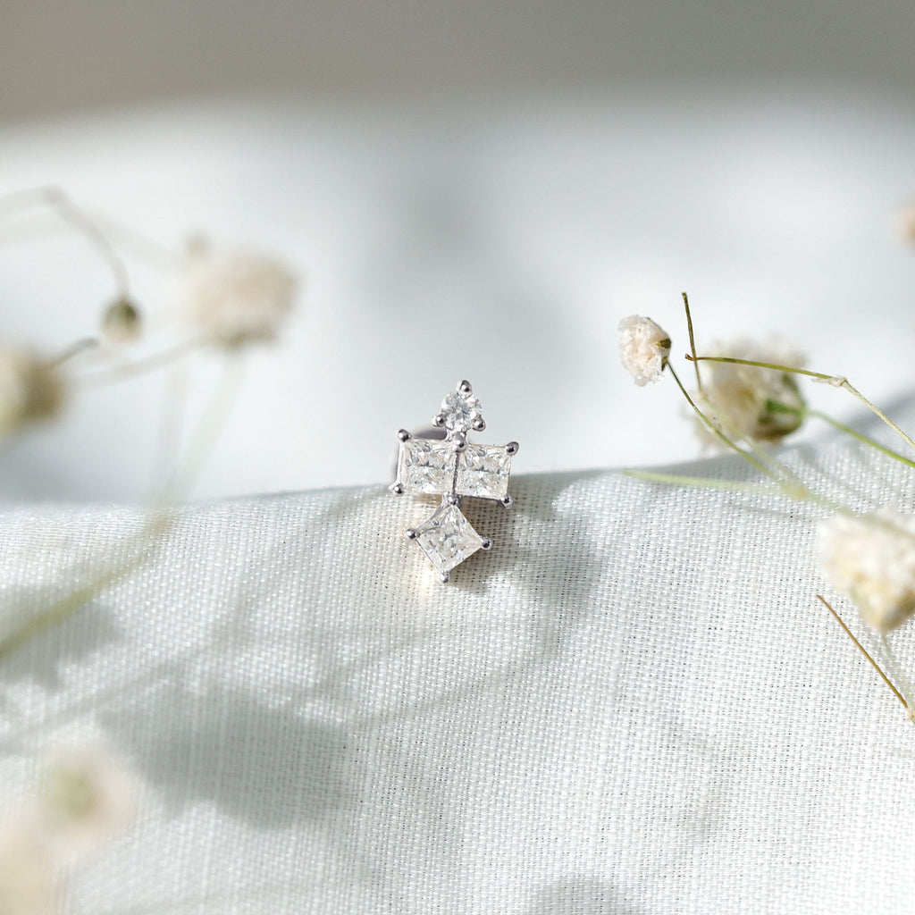 Round and Princess Cut Moissanite Cluster Helix Earring