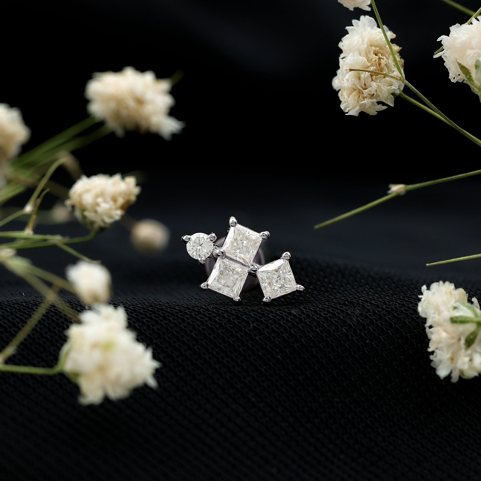 Round and Princess Cut Moissanite Cluster Helix Earring