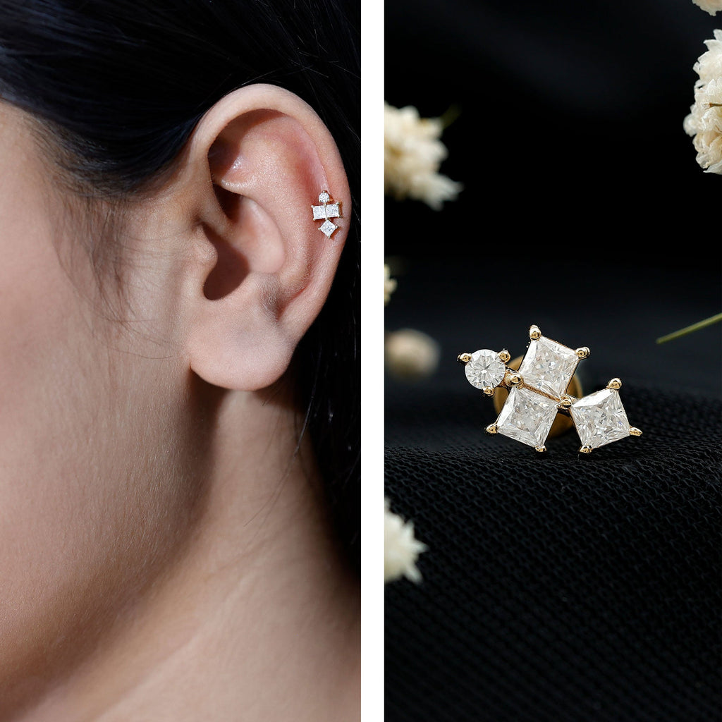 Round and Princess Cut Moissanite Cluster Helix Earring