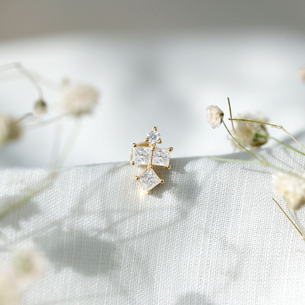 Round and Princess Cut Moissanite Cluster Helix Earring