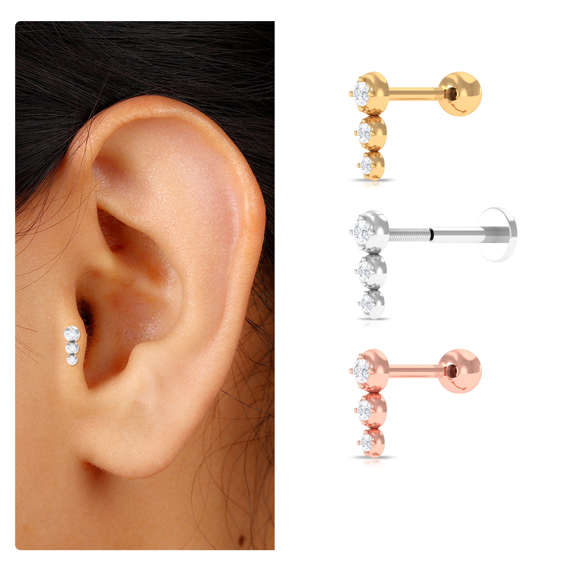 Natural Round Diamond Three Stone Tragus Earring