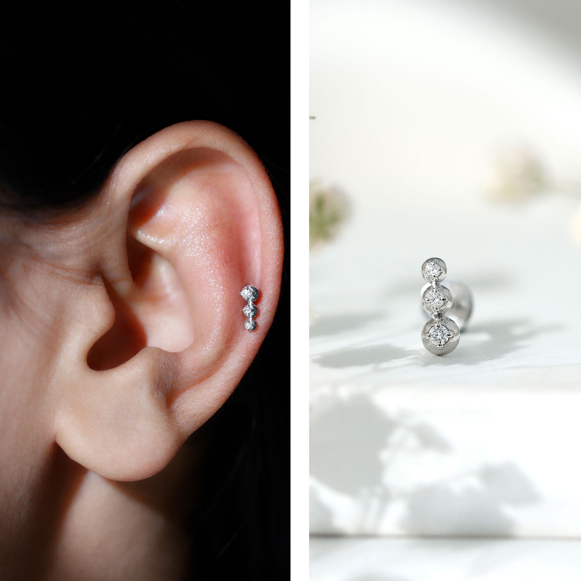 Natural Round Diamond Three Stone Tragus Earring