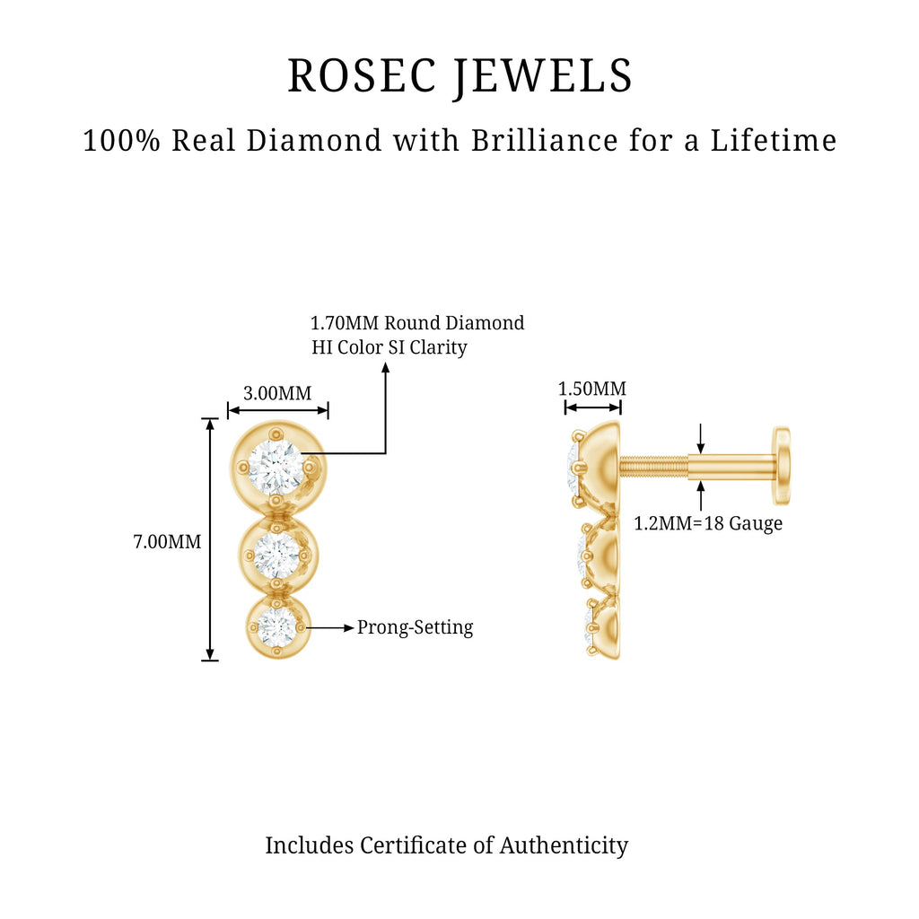 Natural Round Diamond Three Stone Tragus Earring