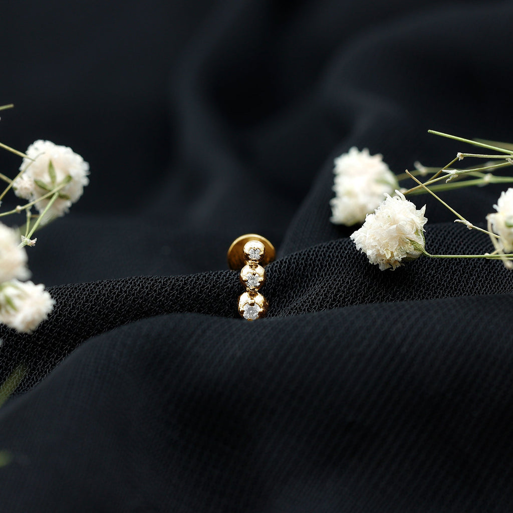 Natural Round Diamond Three Stone Tragus Earring