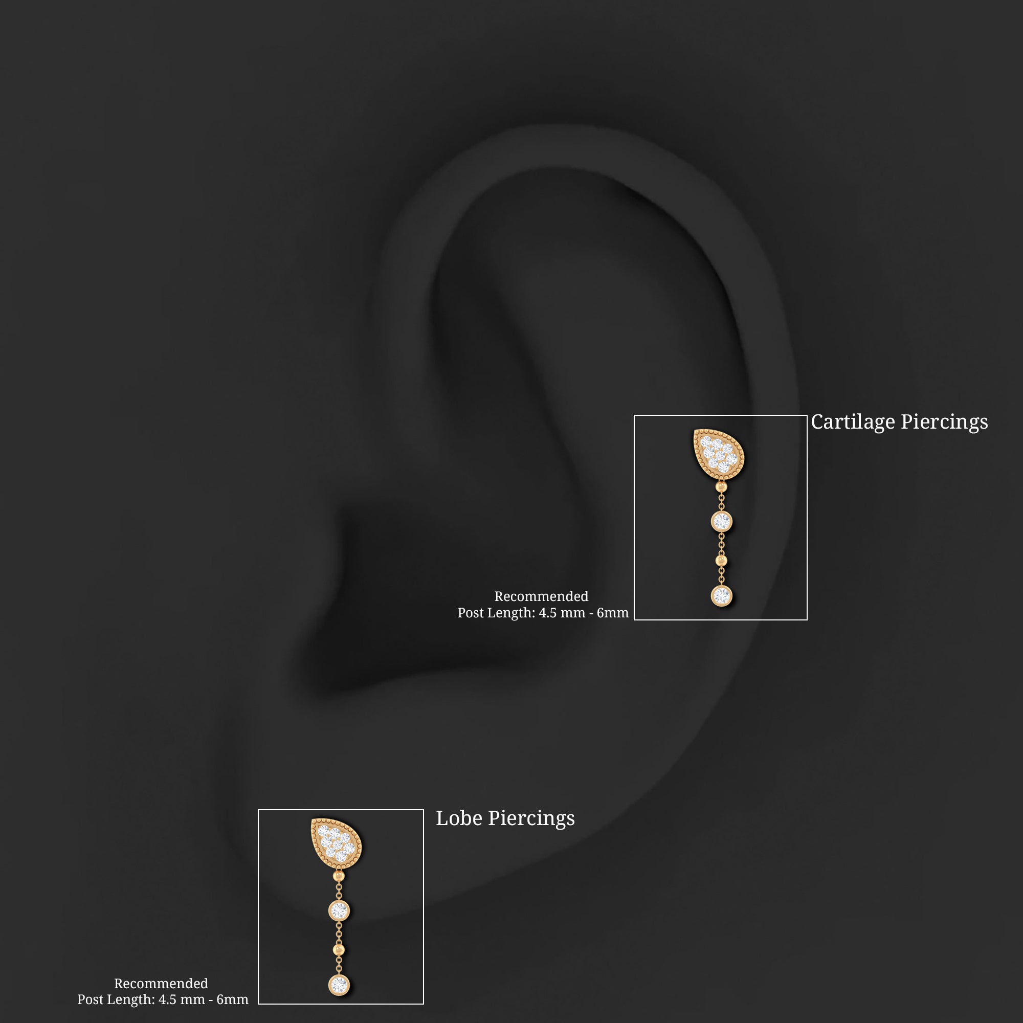 Natural Diamond Gold Chain Dangle Earring for Cartilage Piercing