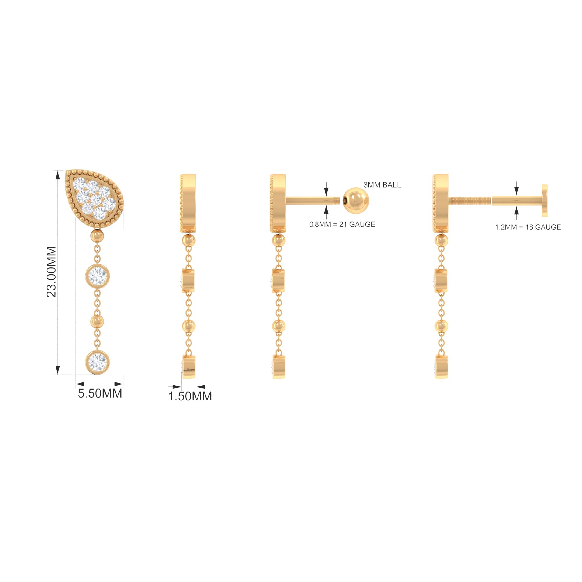 Natural Diamond Gold Chain Dangle Earring for Cartilage Piercing