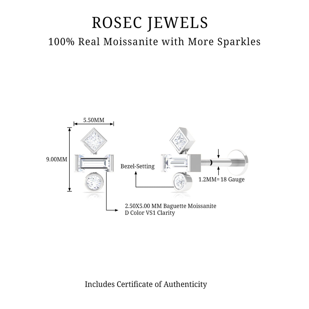 Certified Moissanite Three Stone Earring for Tragus Piercing