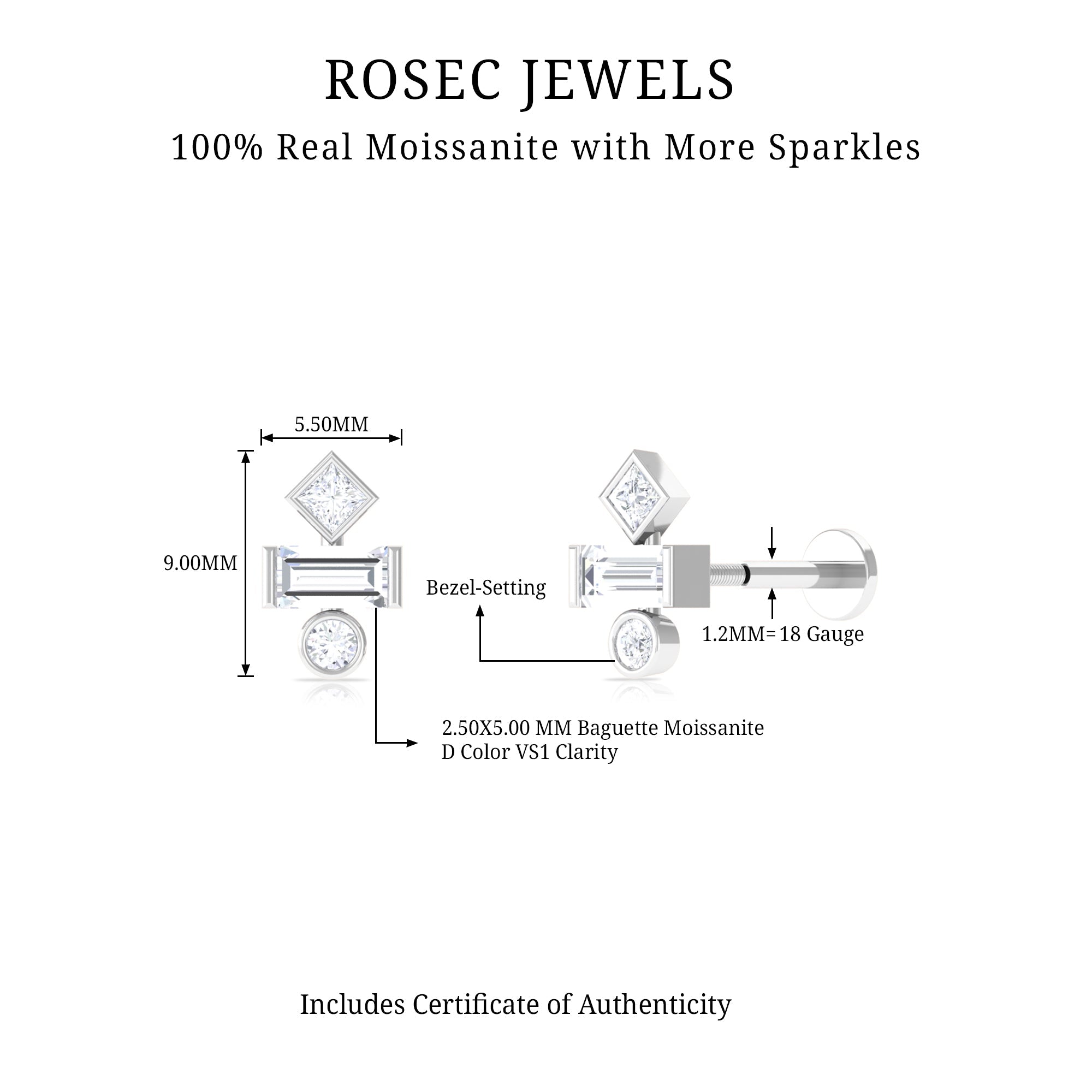 Certified Moissanite Three Stone Earring for Tragus Piercing