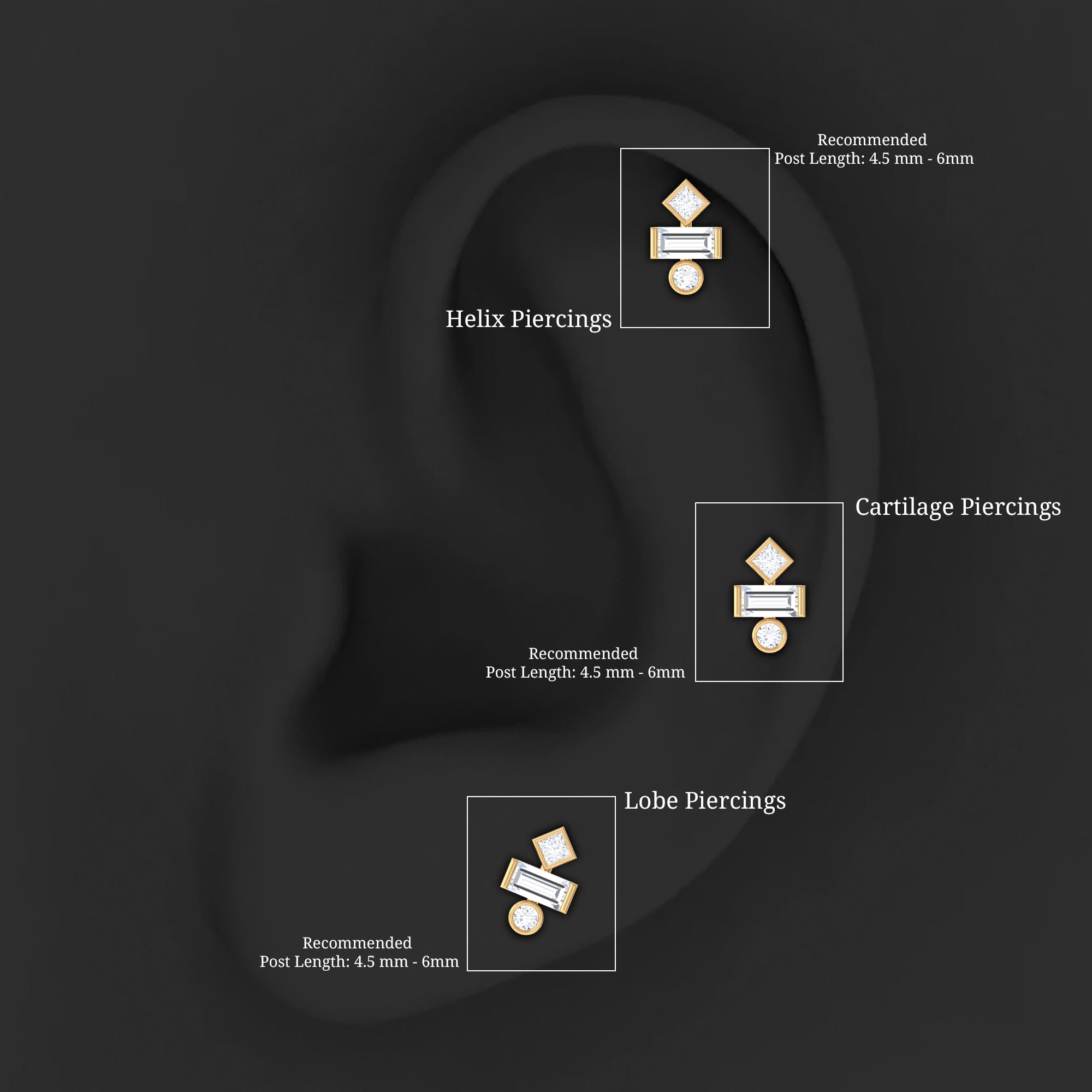 Certified Moissanite Three Stone Earring for Tragus Piercing