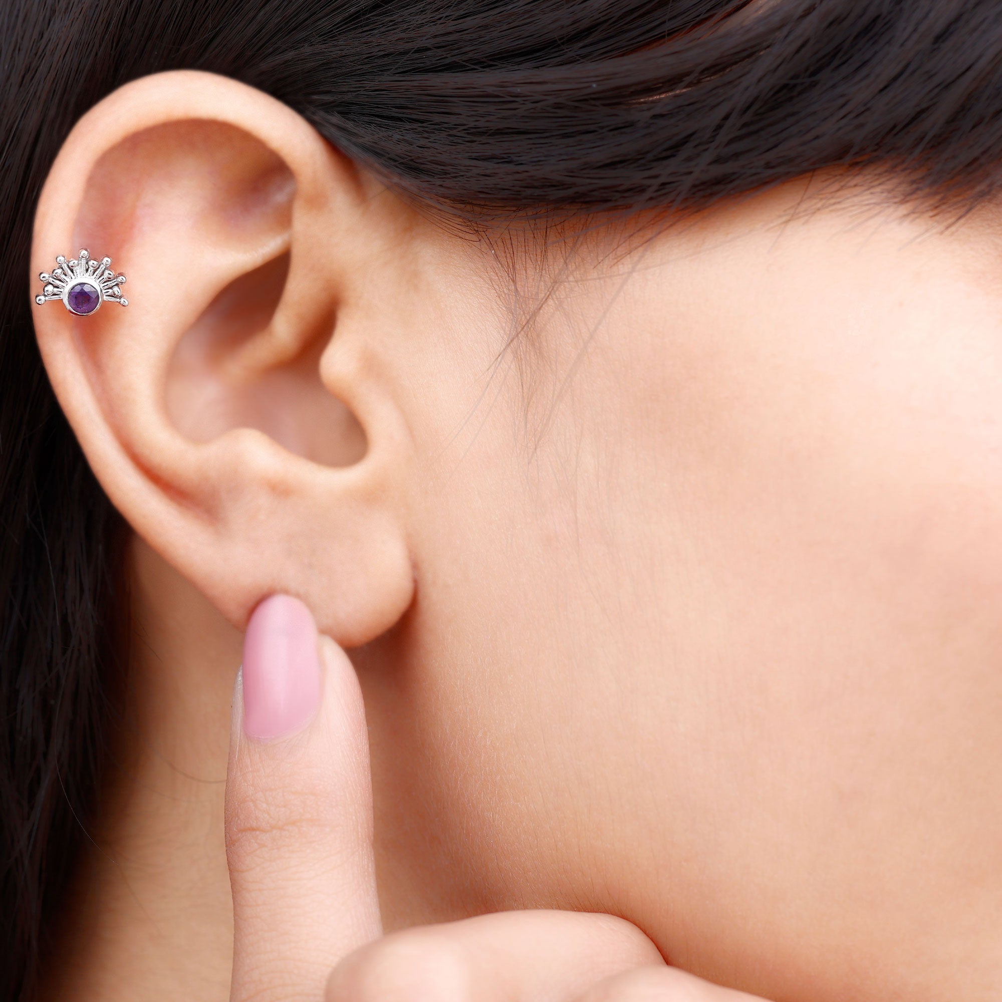 Bezel Set Round Amethyst Sunburst Helix Earring