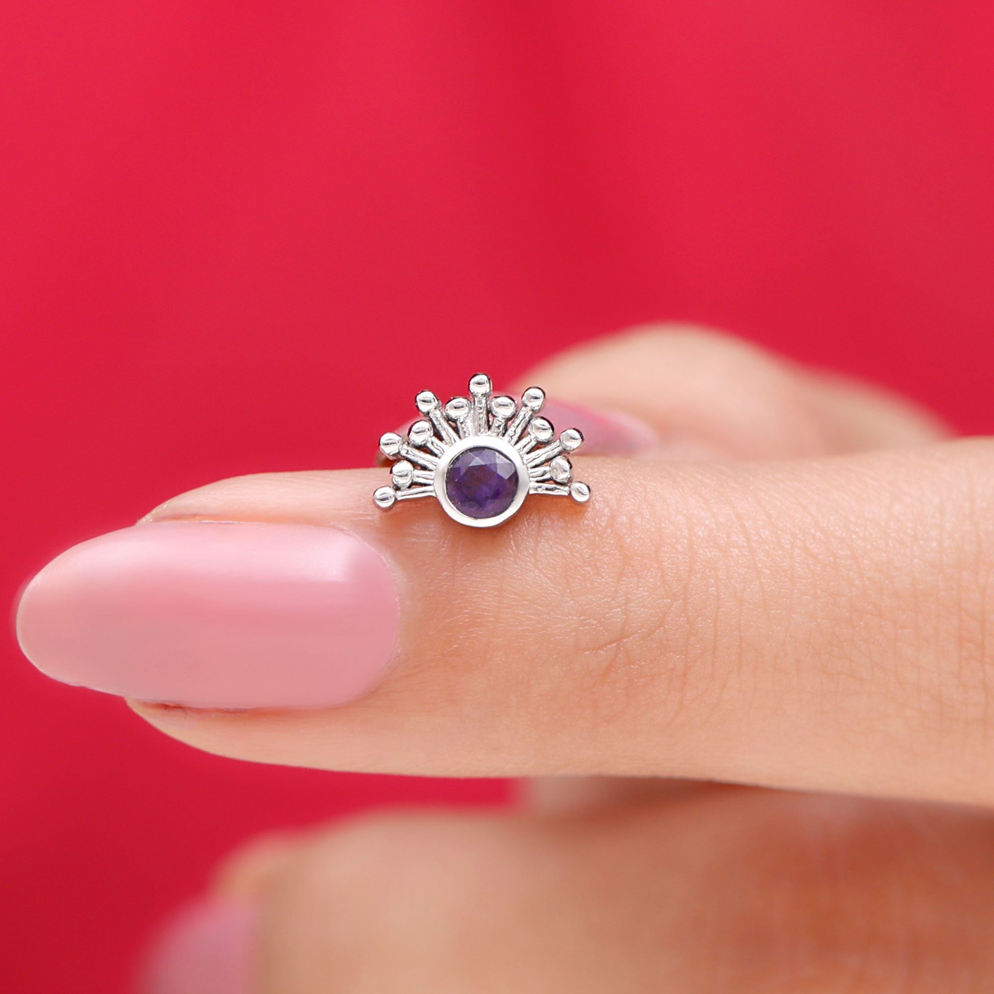 Bezel Set Round Amethyst Sunburst Helix Earring