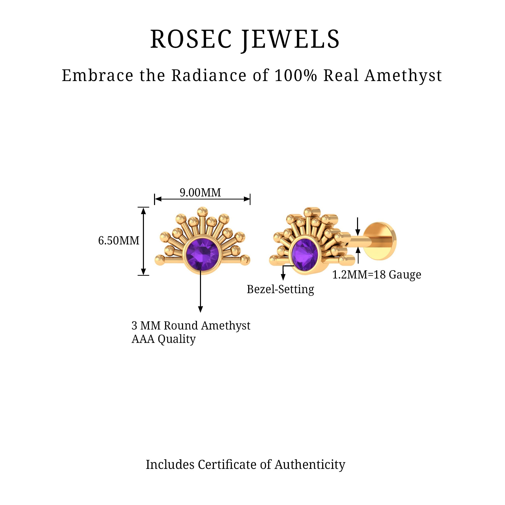 Bezel Set Round Amethyst Sunburst Helix Earring