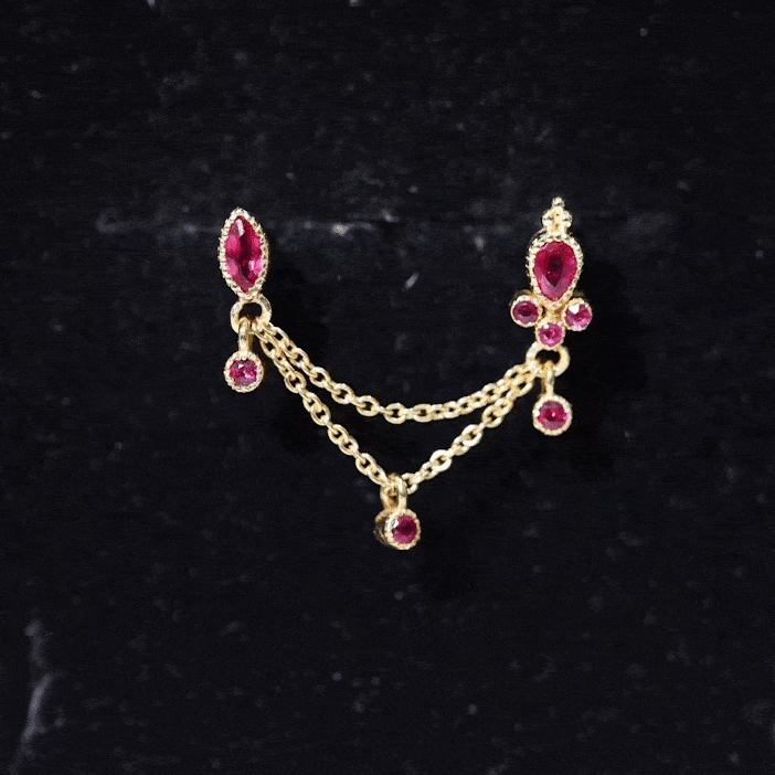 Natural Ruby Double Piercing Earring with Dangling Chain
