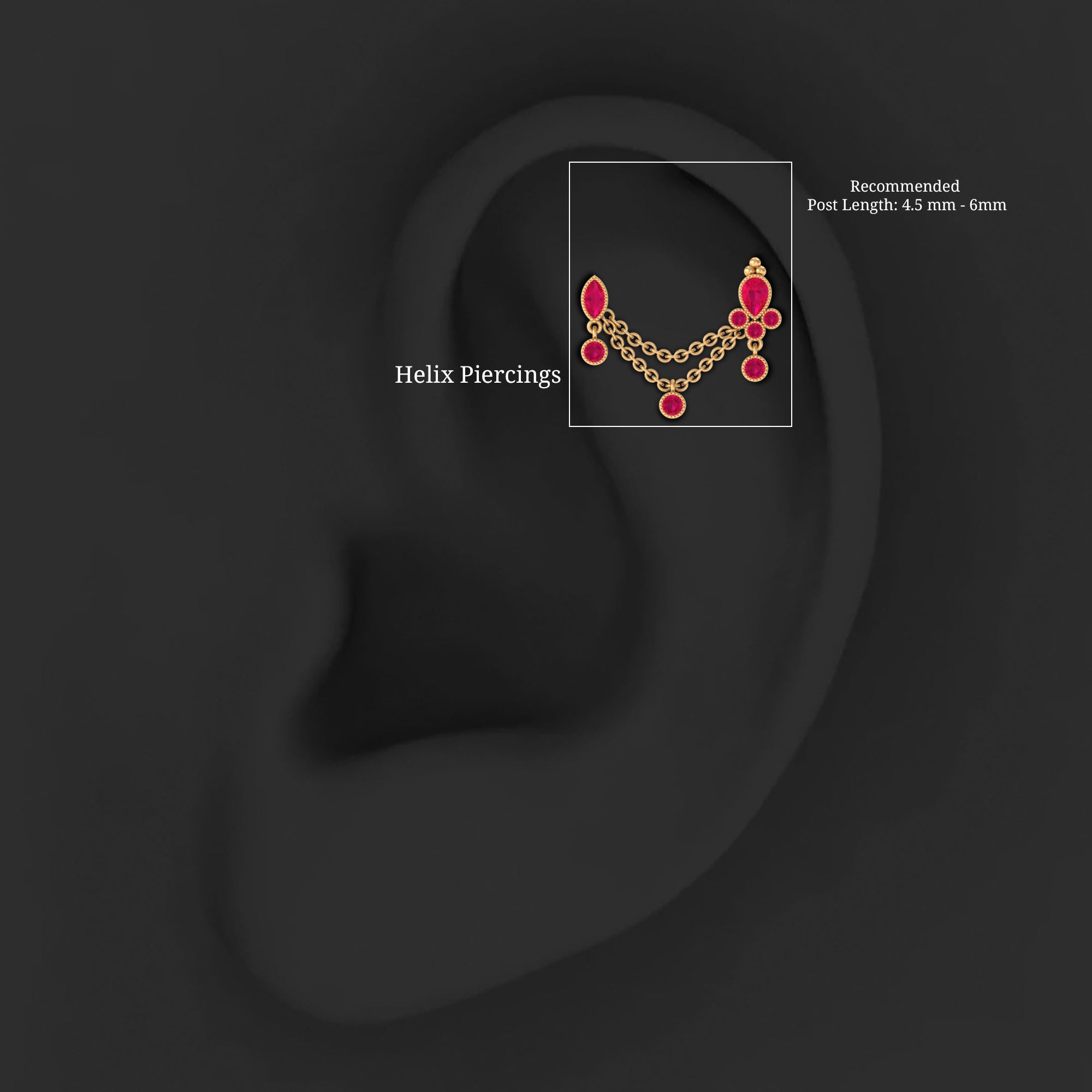 Natural Ruby Double Piercing Earring with Dangling Chain