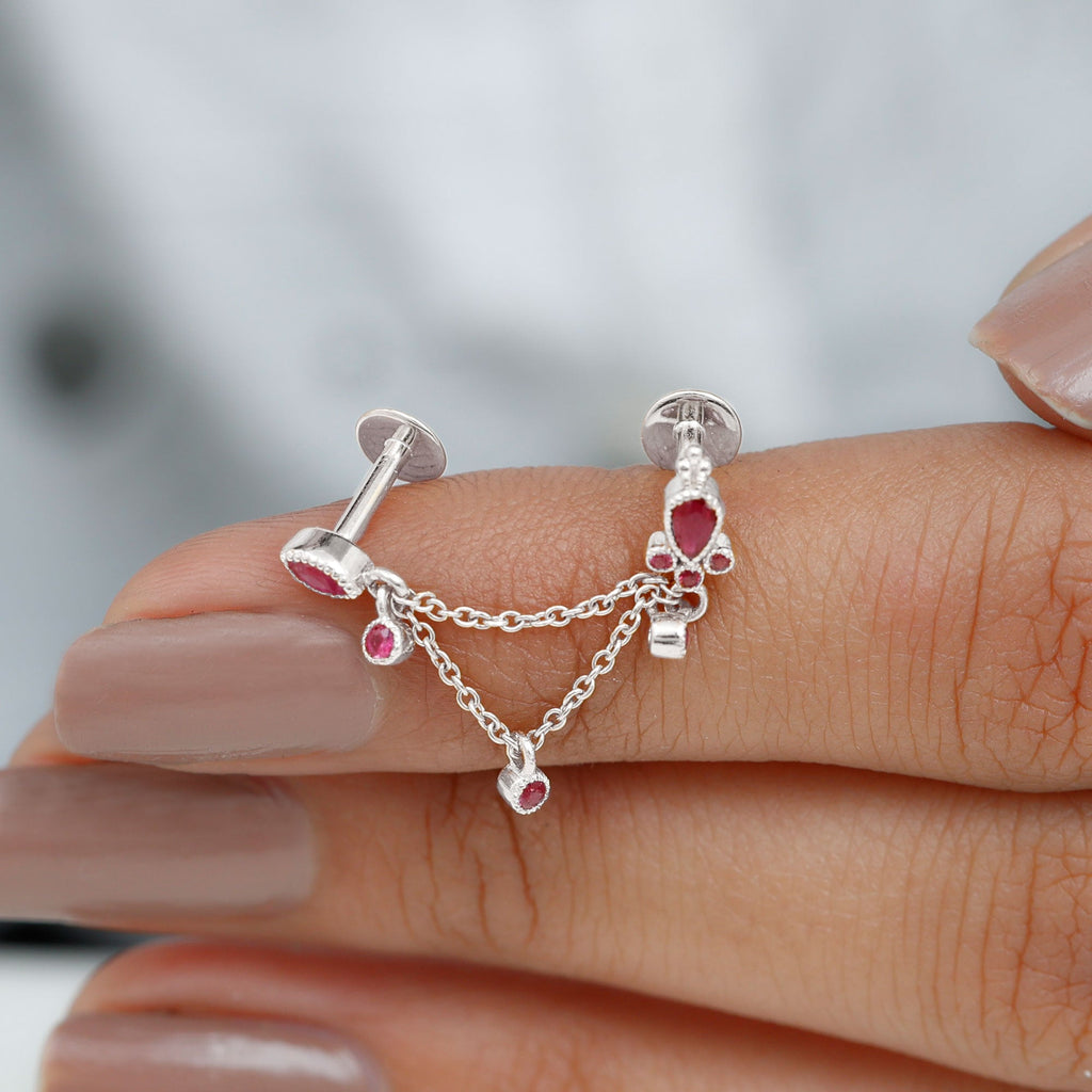 Natural Ruby Double Piercing Earring with Dangling Chain