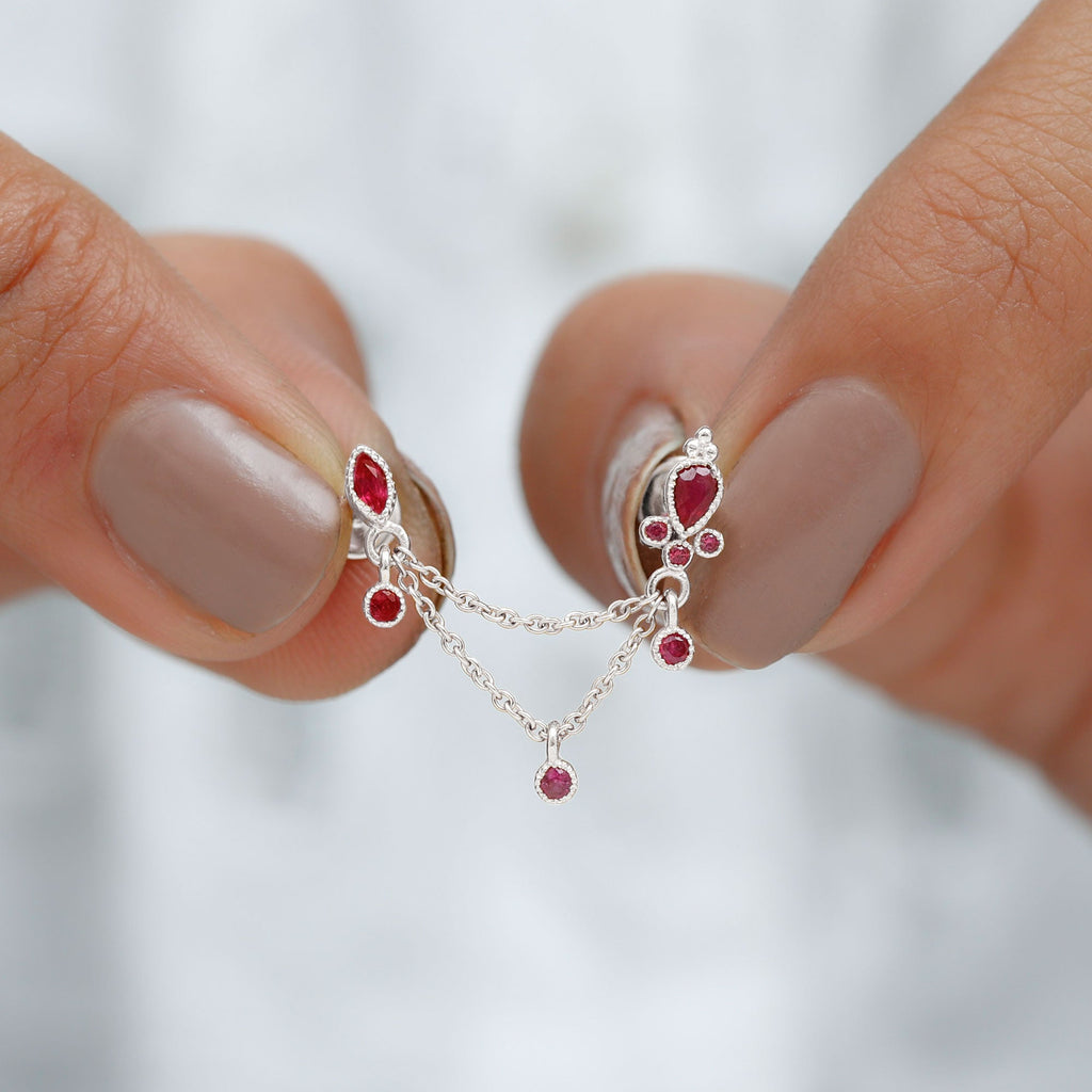 Natural Ruby Double Piercing Earring with Dangling Chain