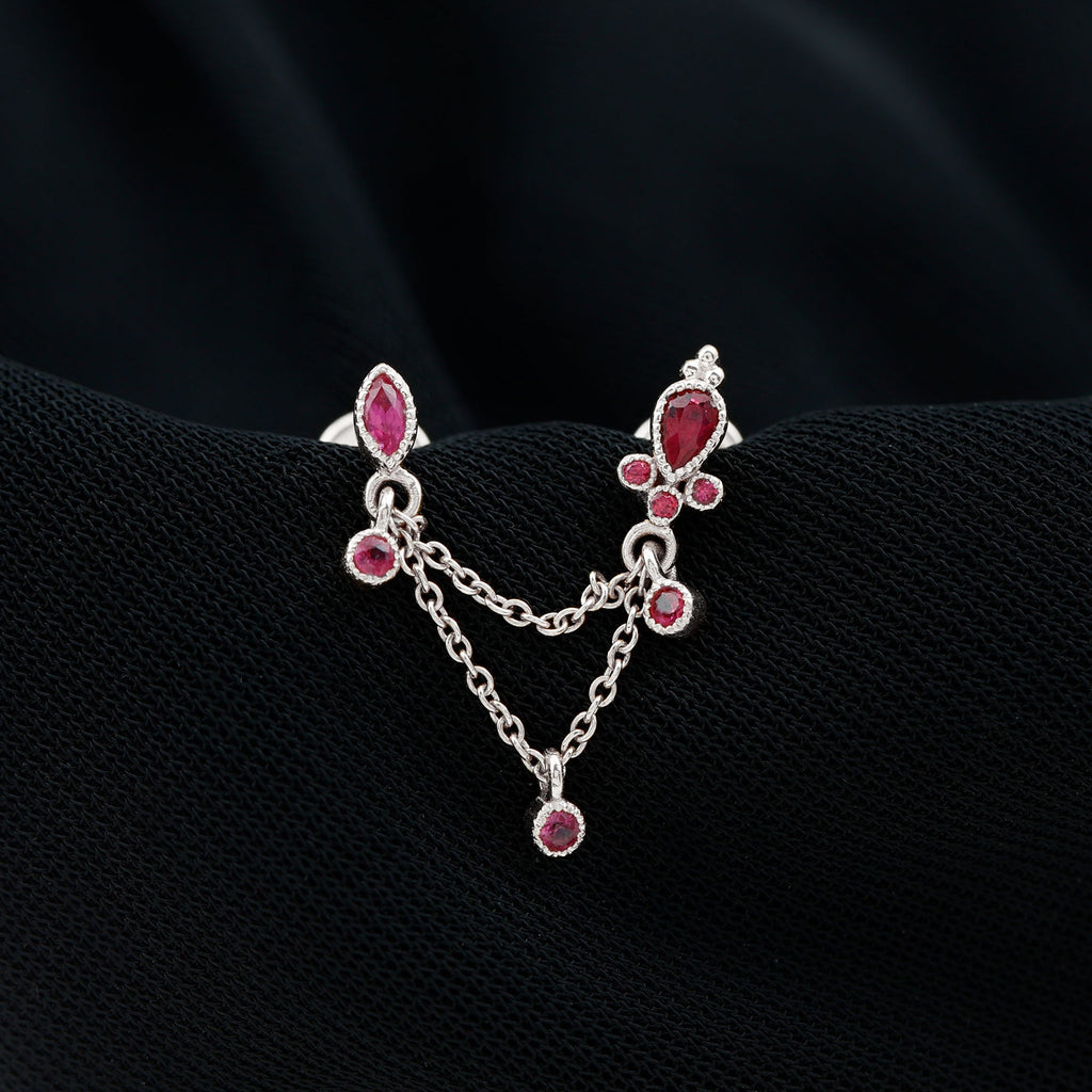 Natural Ruby Double Piercing Earring with Dangling Chain