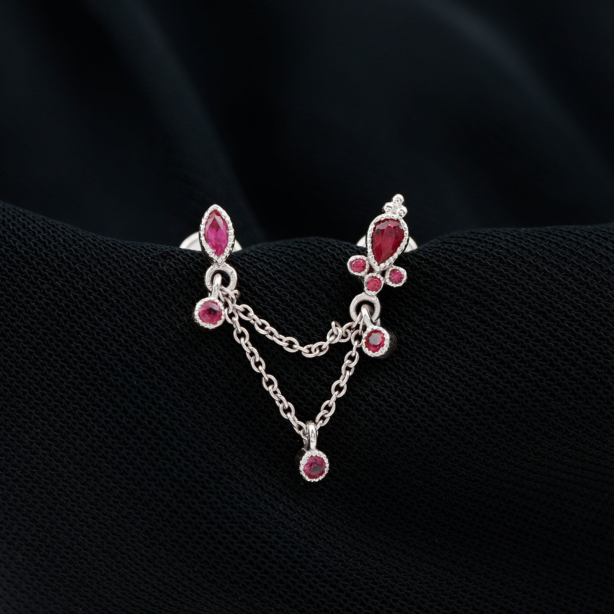 Natural Ruby Double Piercing Earring with Dangling Chain