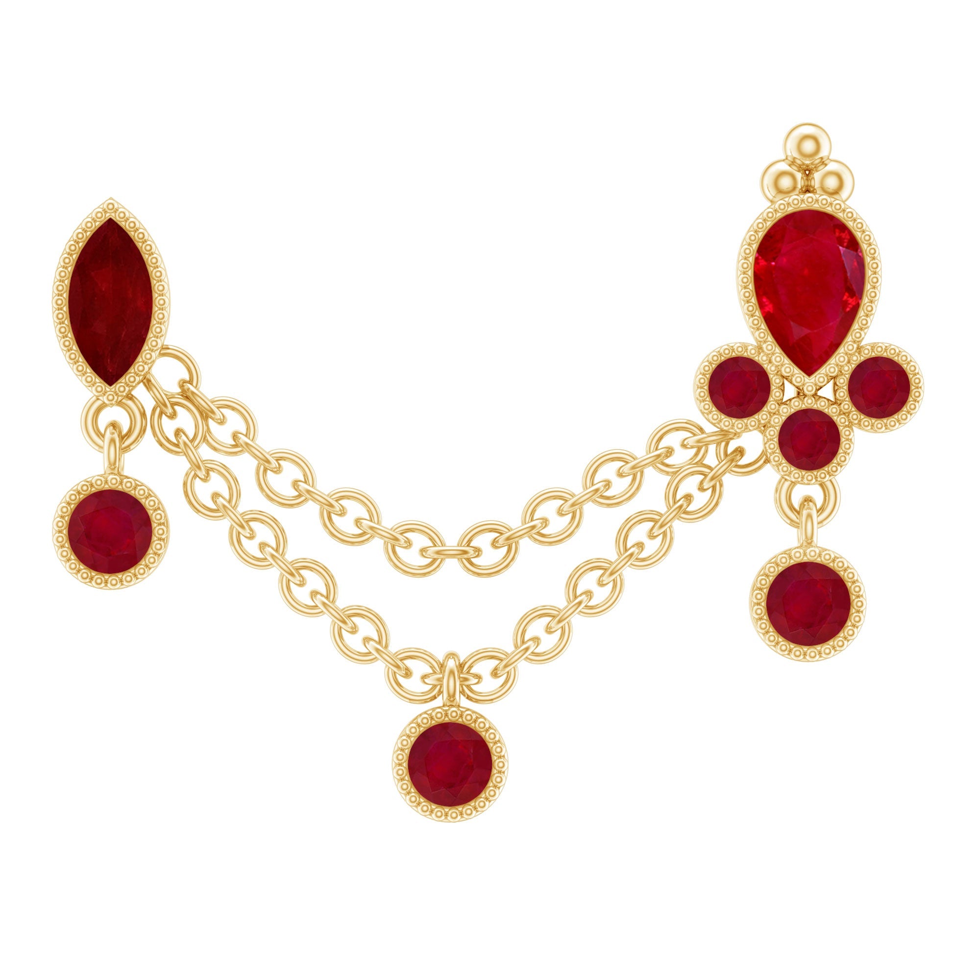 Natural Ruby Double Piercing Earring with Dangling Chain