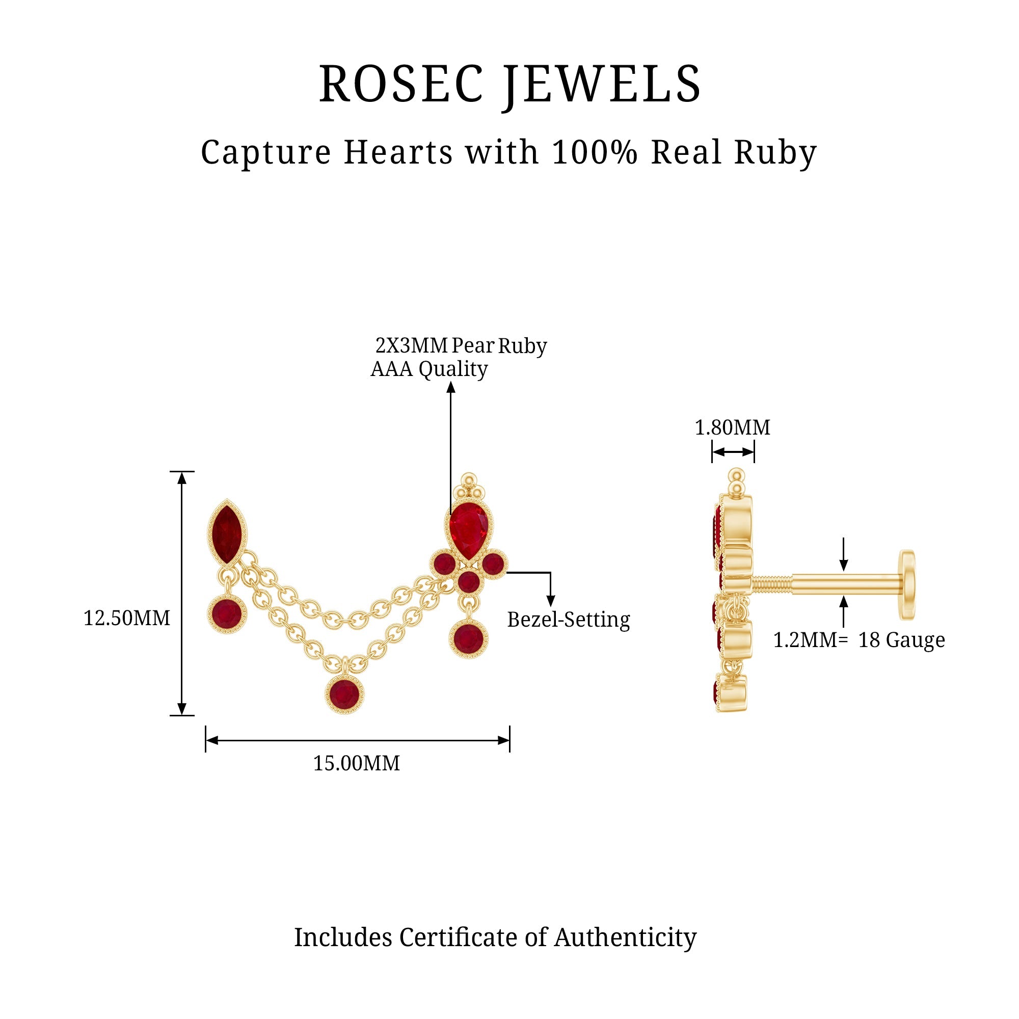 Natural Ruby Double Piercing Earring with Dangling Chain