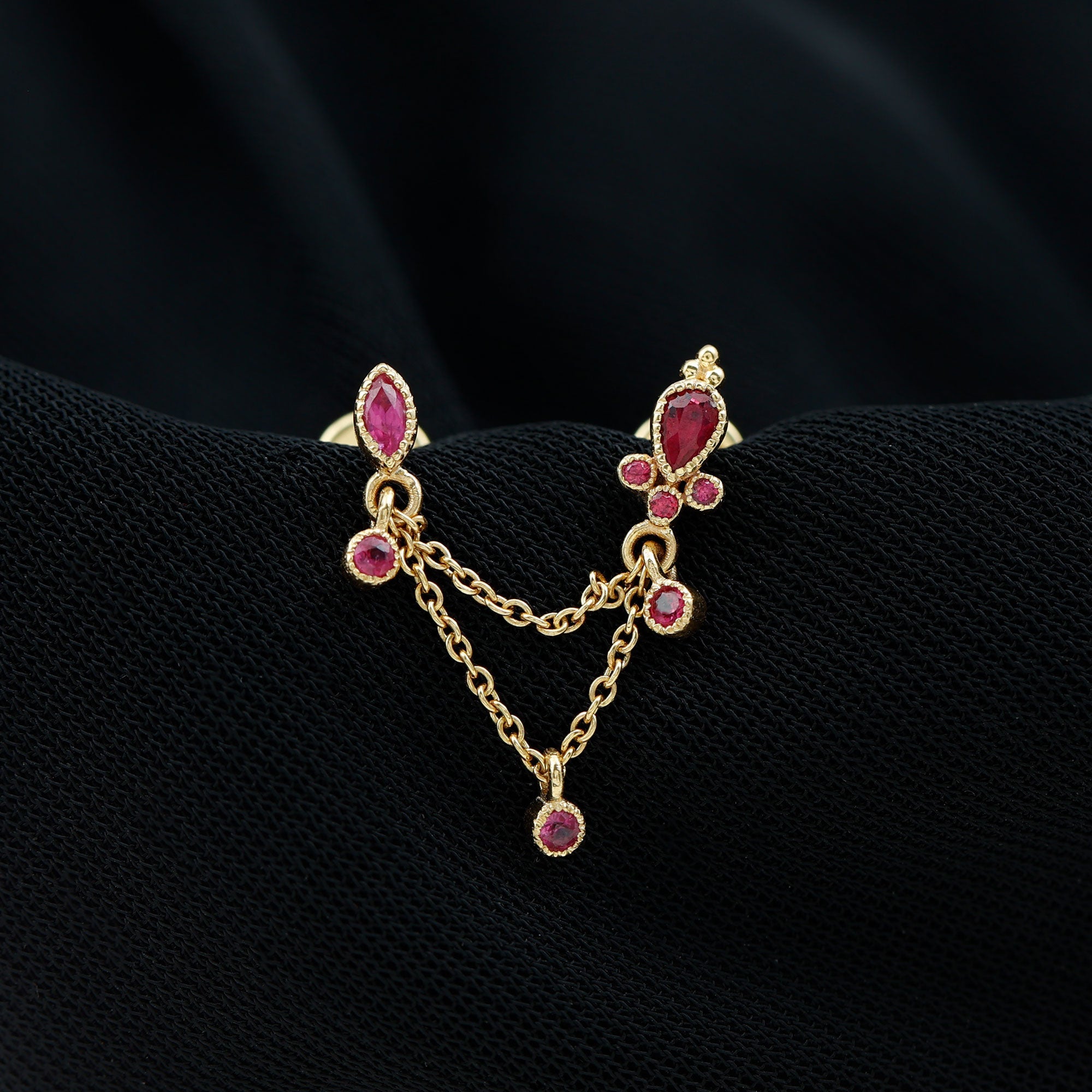Natural Ruby Double Piercing Earring with Dangling Chain