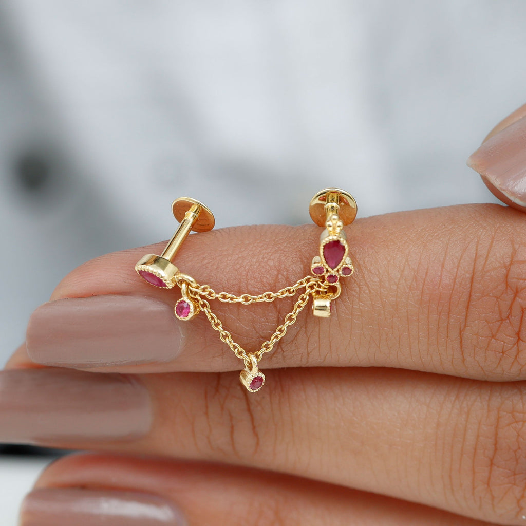 Natural Ruby Double Piercing Earring with Dangling Chain