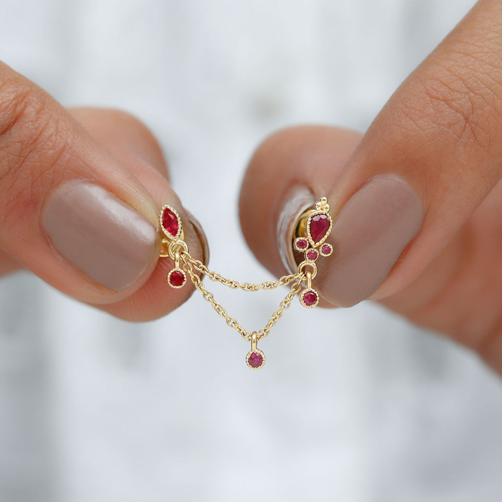 Natural Ruby Double Piercing Earring with Dangling Chain