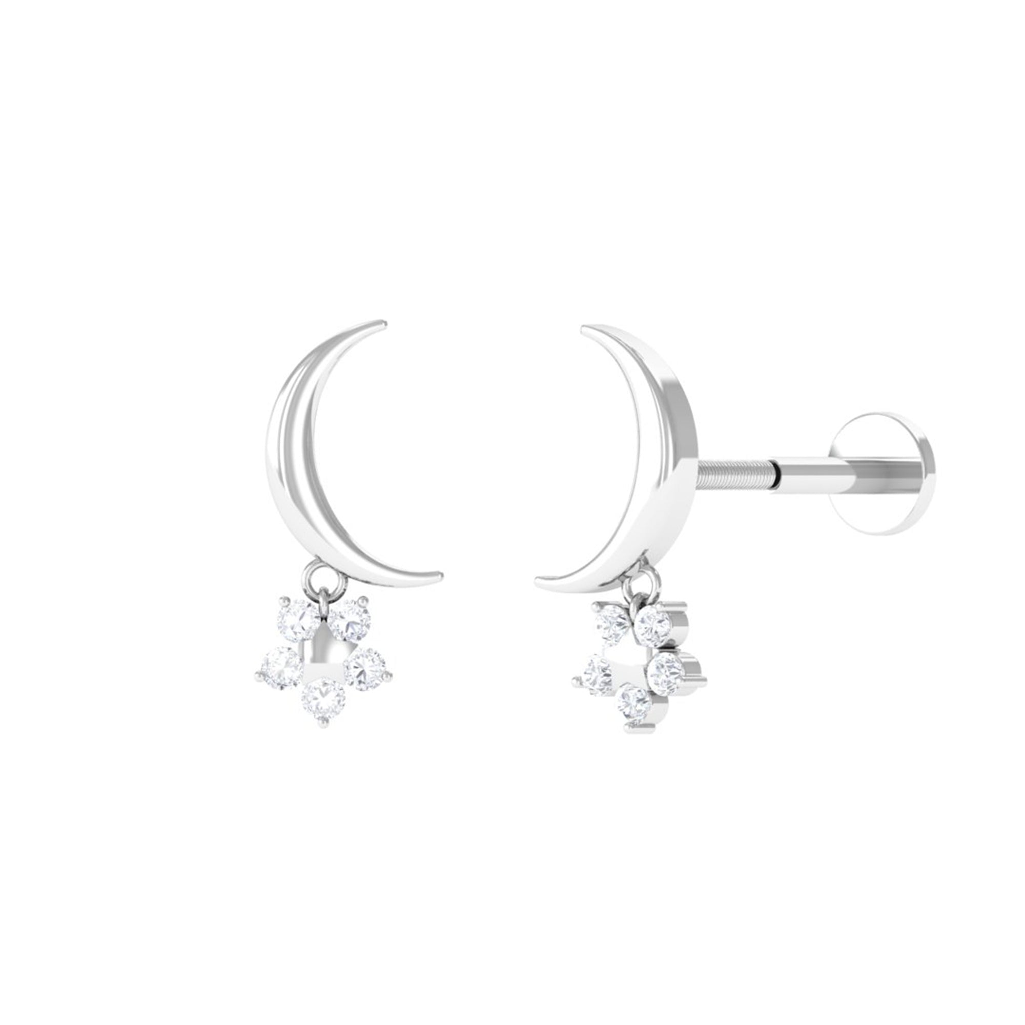 Diamond Crescent Moon and Star Earring for Helix Piercing