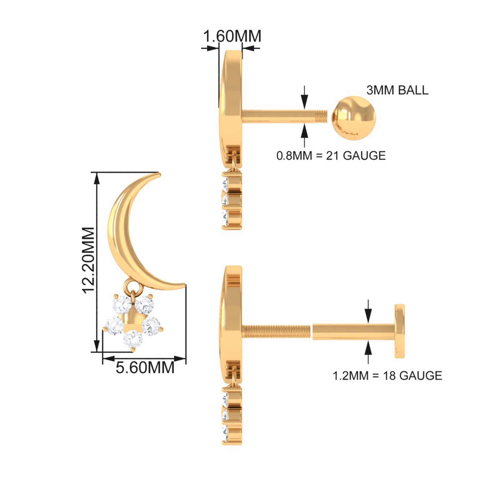 Diamond Crescent Moon and Star Earring for Helix Piercing