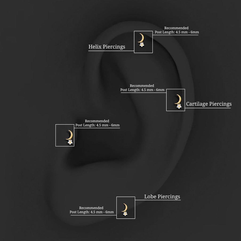 Diamond Crescent Moon and Star Earring for Helix Piercing