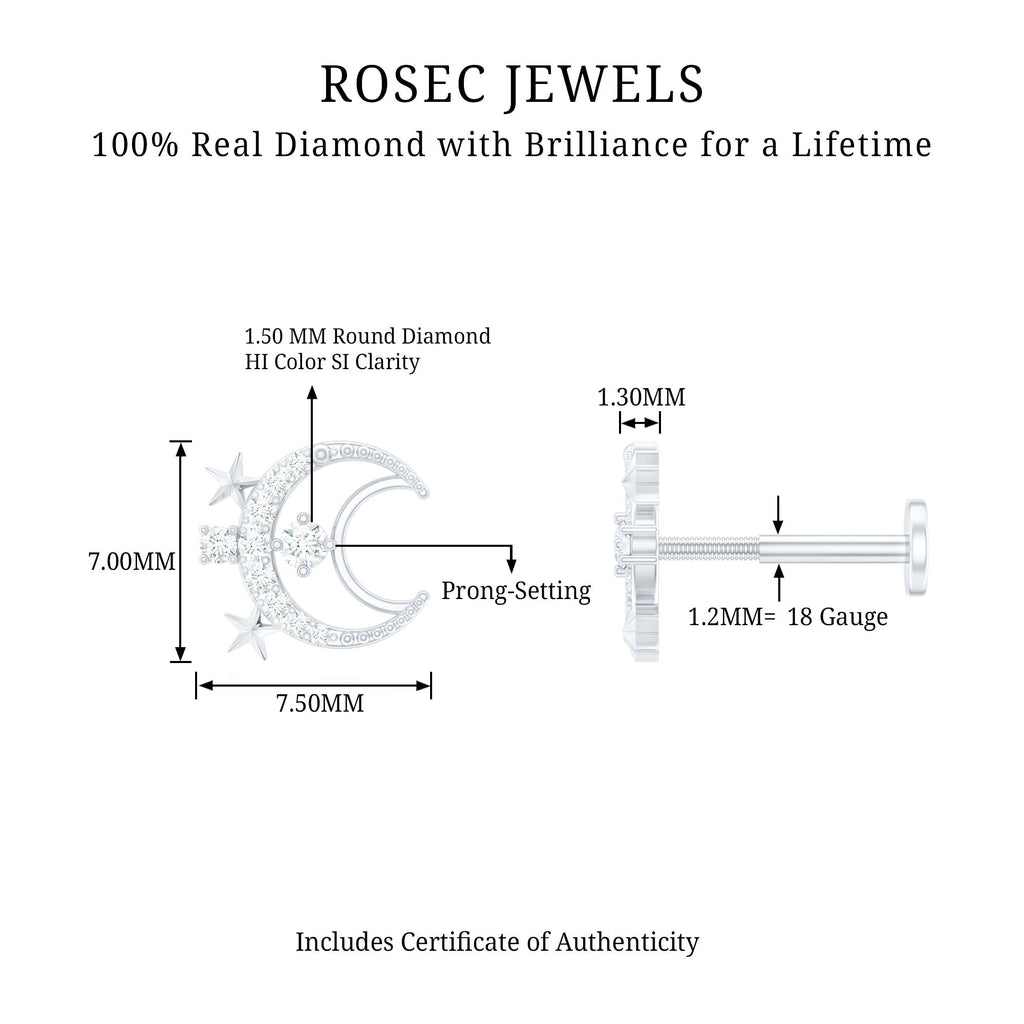 Diamond Star and Moon Earring for Helix Piercing