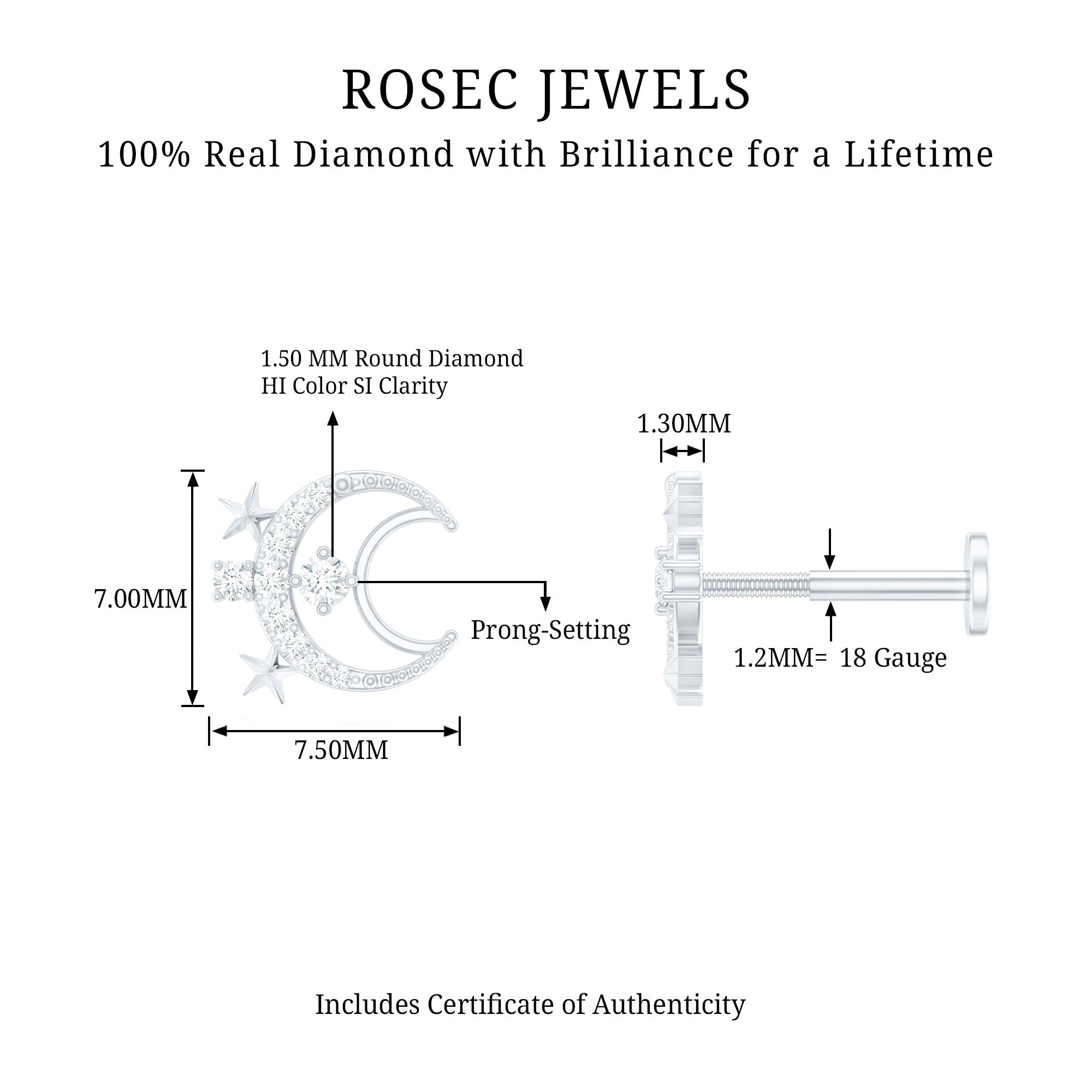 Diamond Star and Moon Earring for Helix Piercing