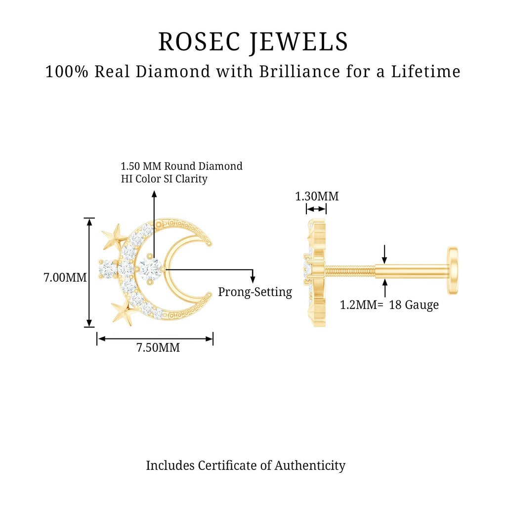 Diamond Star and Moon Earring for Helix Piercing