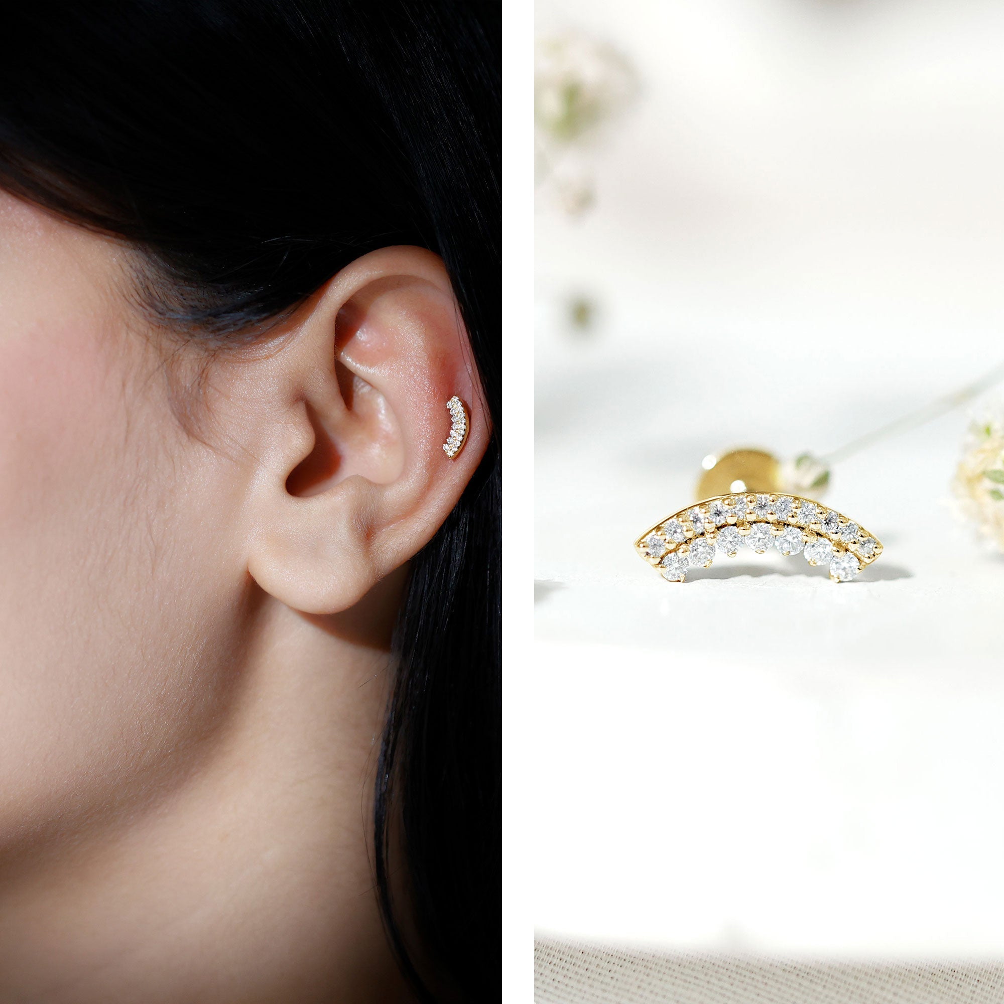 Curved Moissanite Minimal Earring for Cartilage Piercing