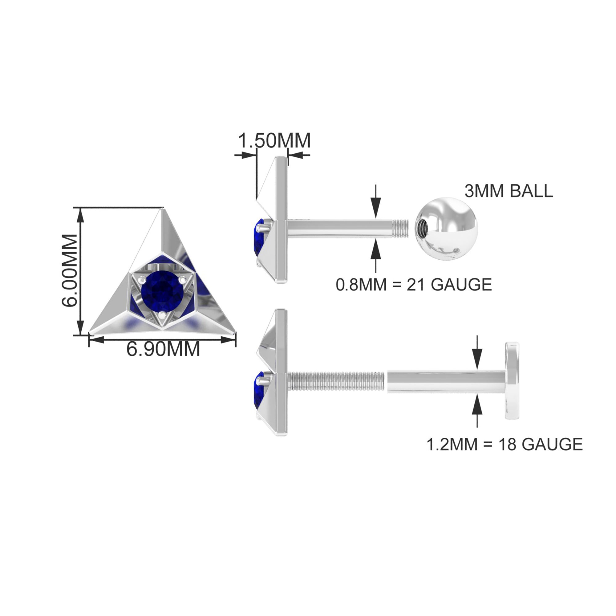 Blue Sapphire Triangle Earring for Helix Piercing