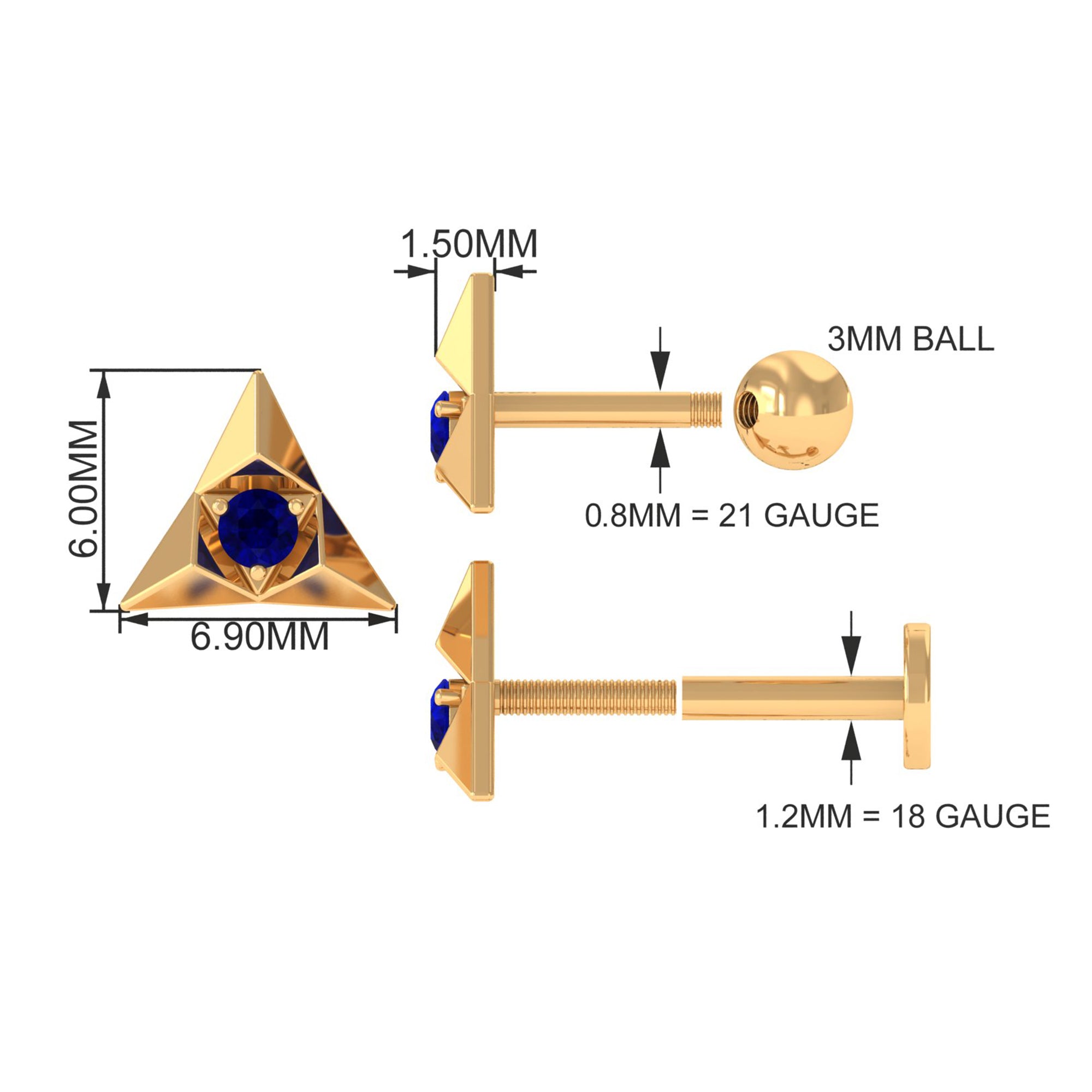 Blue Sapphire Triangle Earring for Helix Piercing