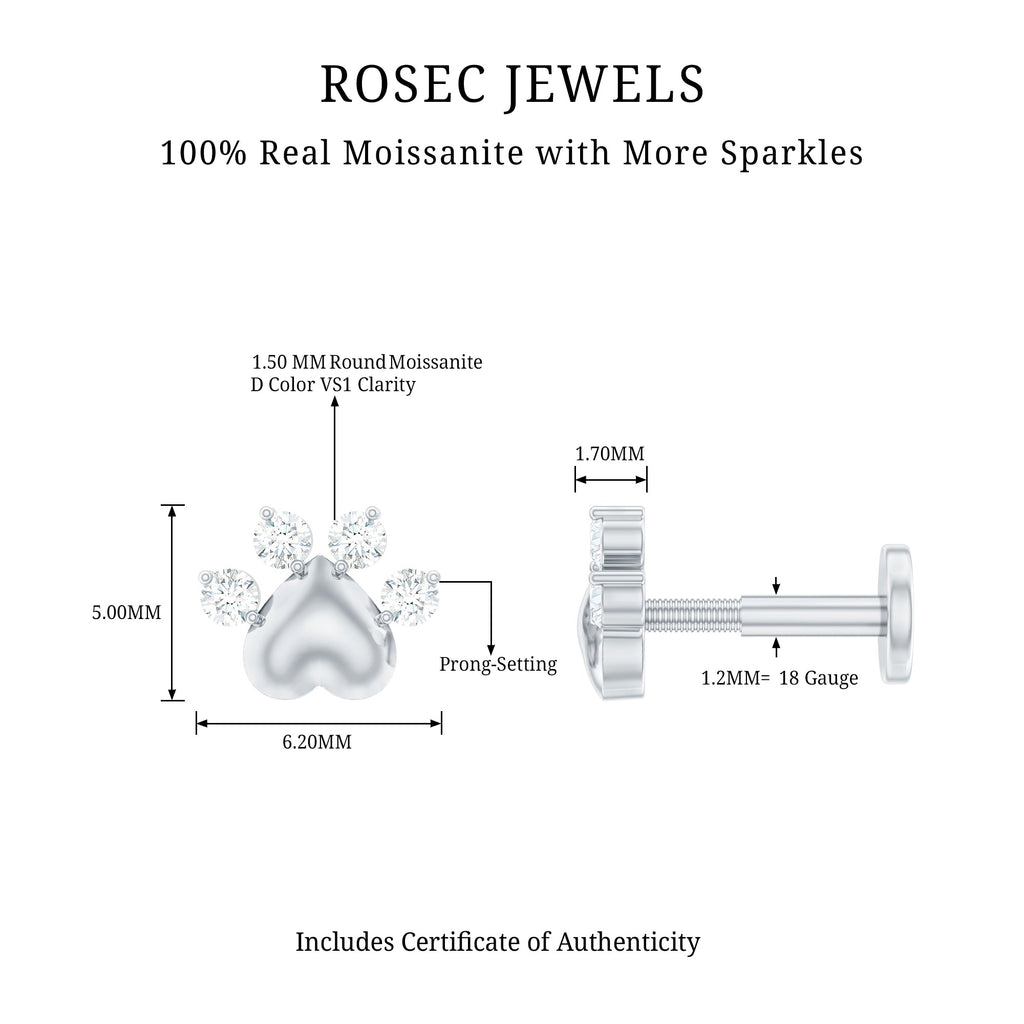 Round Moissanite Gold Heart Paw Earring for Helix Piercing