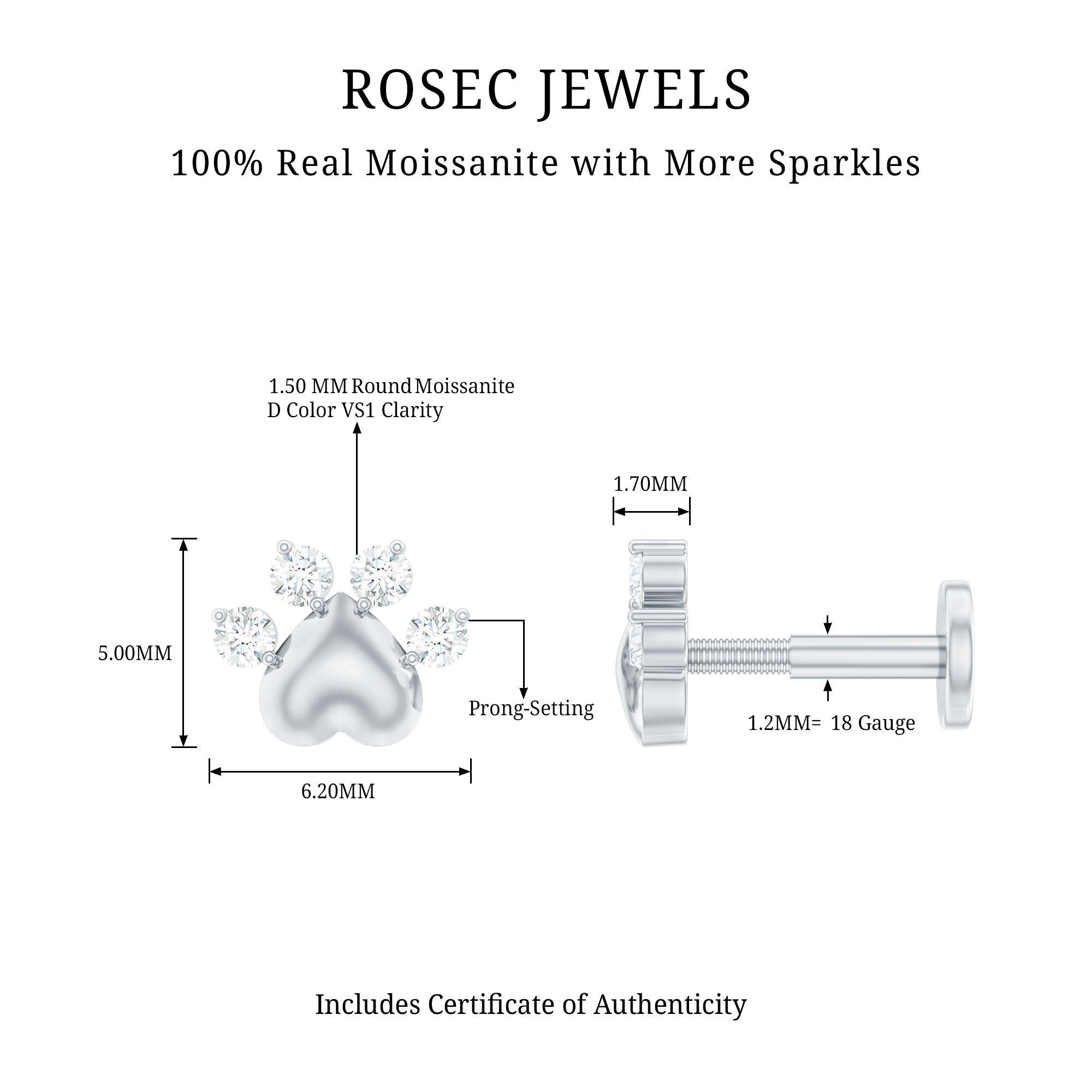 Round Moissanite Gold Heart Paw Earring for Helix Piercing