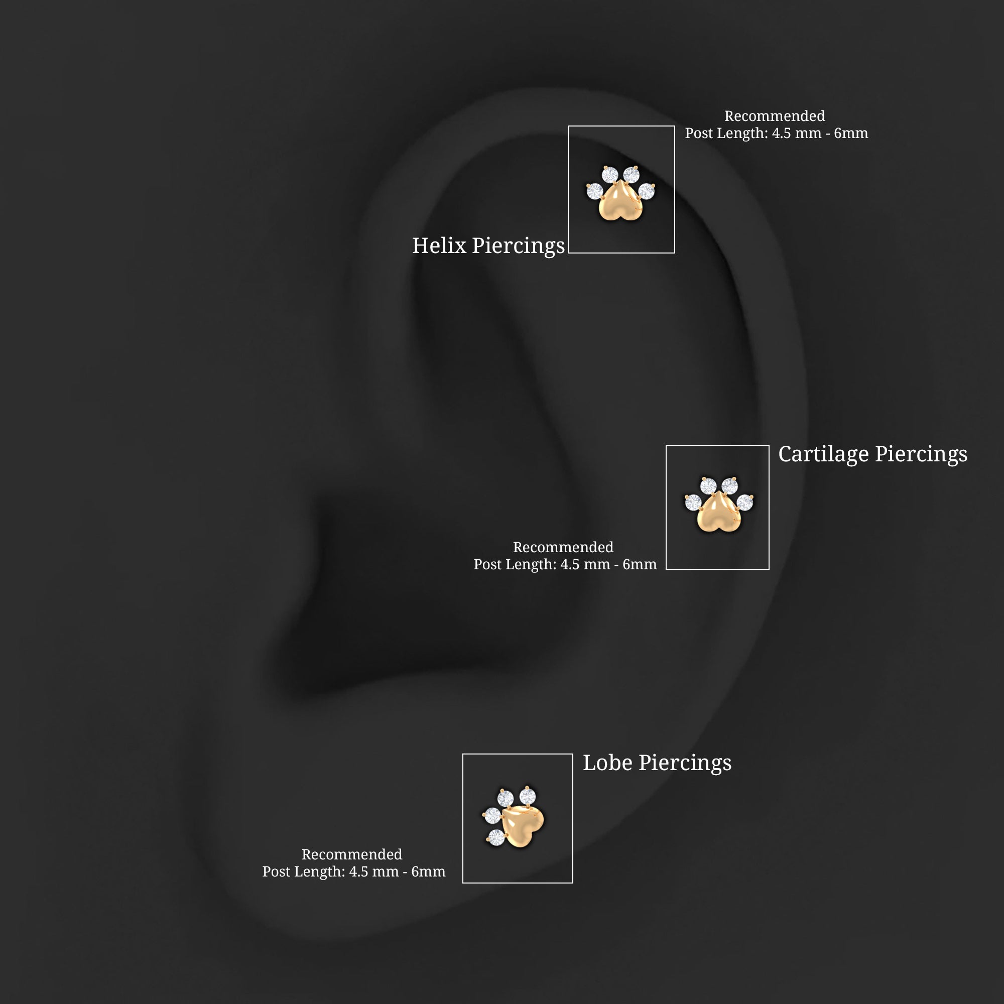 Round Moissanite Gold Heart Paw Earring for Helix Piercing