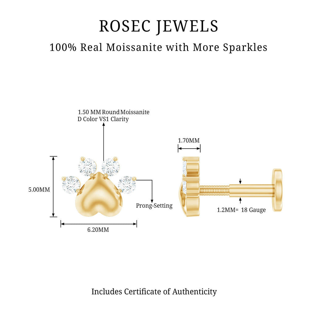 Round Moissanite Gold Heart Paw Earring for Helix Piercing