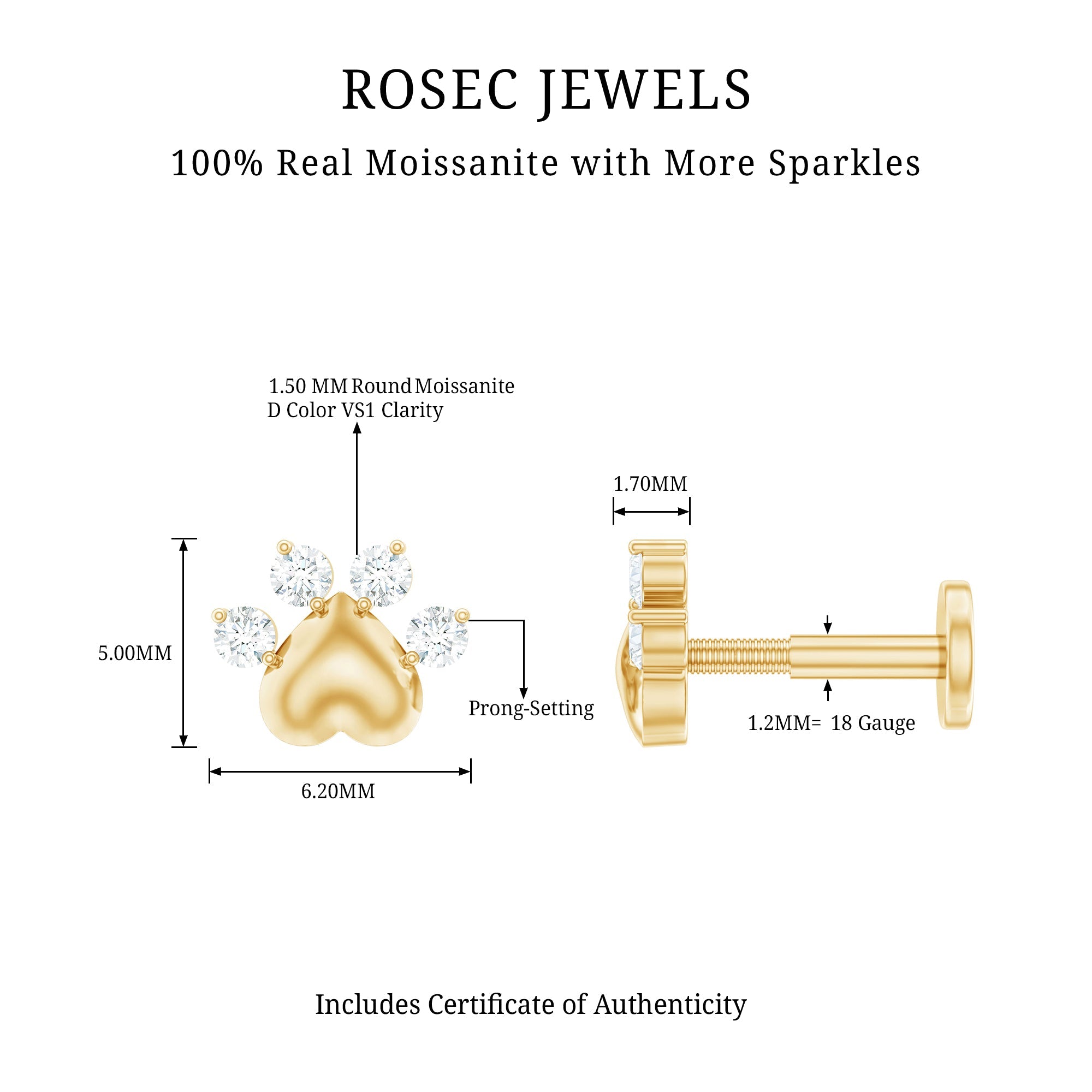 Round Moissanite Gold Heart Paw Earring for Helix Piercing