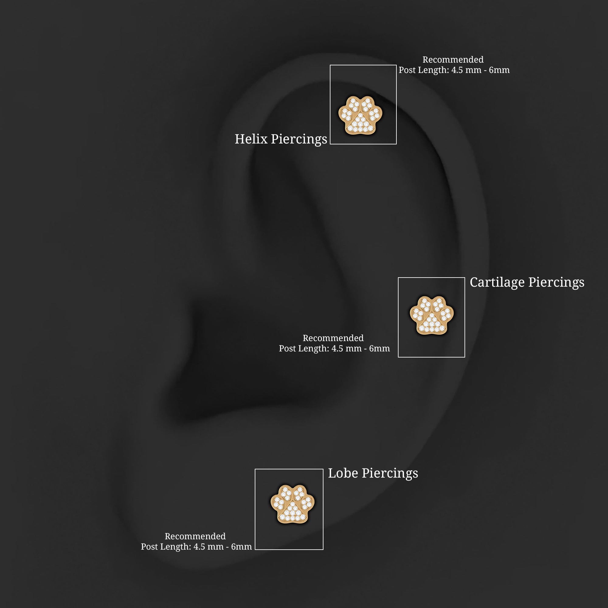 Moissanite Gold Dog Paw Print Earring for Cartilage Piercing