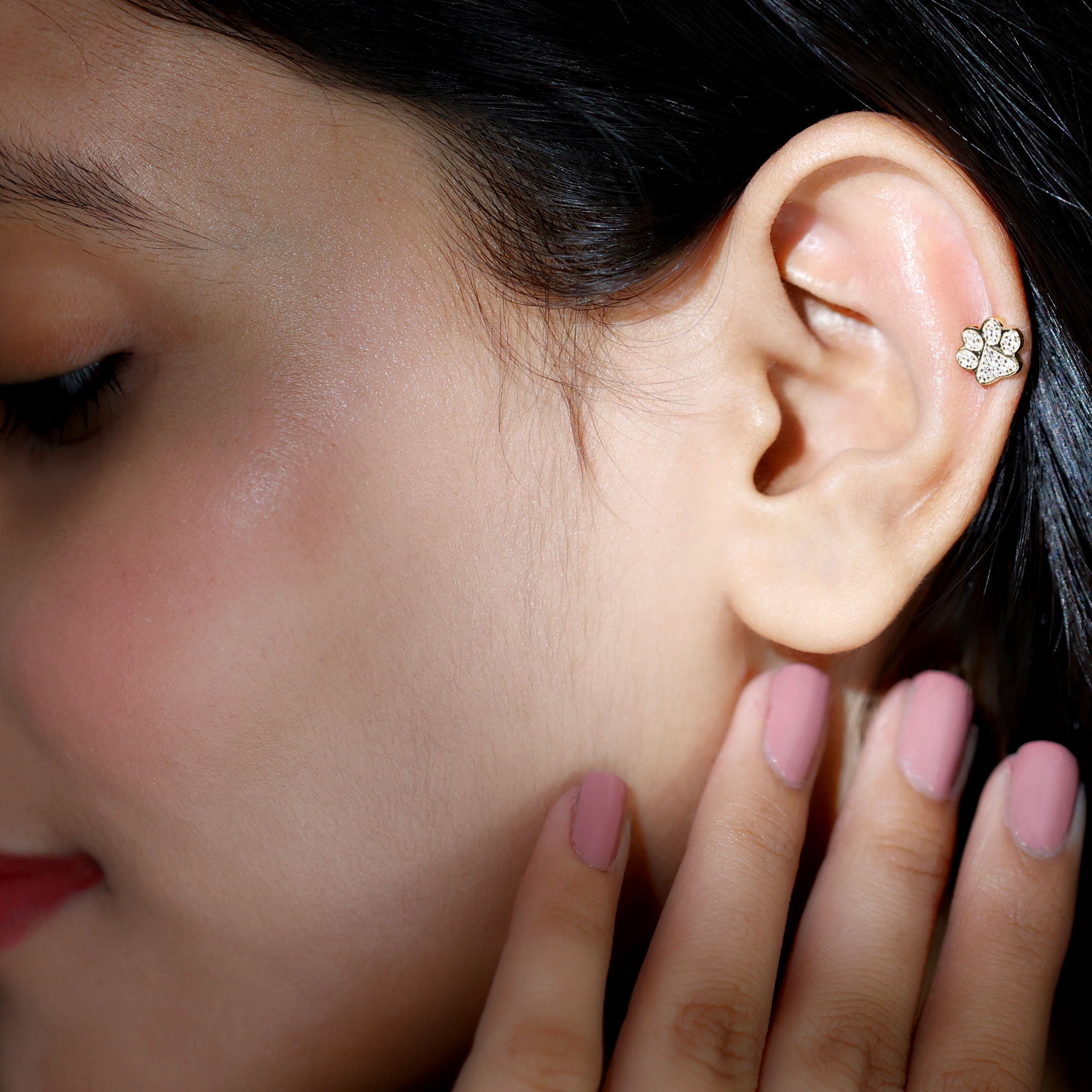 Moissanite Gold Dog Paw Print Earring for Cartilage Piercing