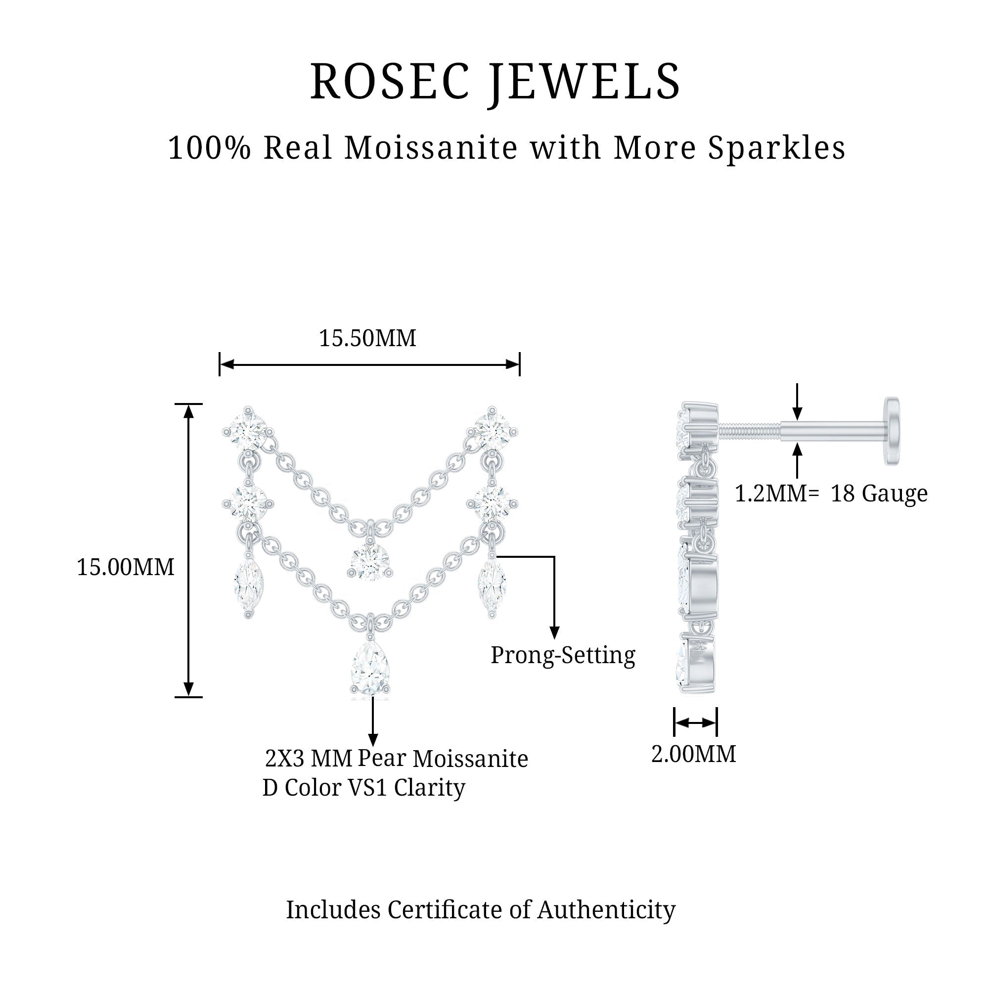 Certified Moissanite Double Chain Helix Earring in Gold