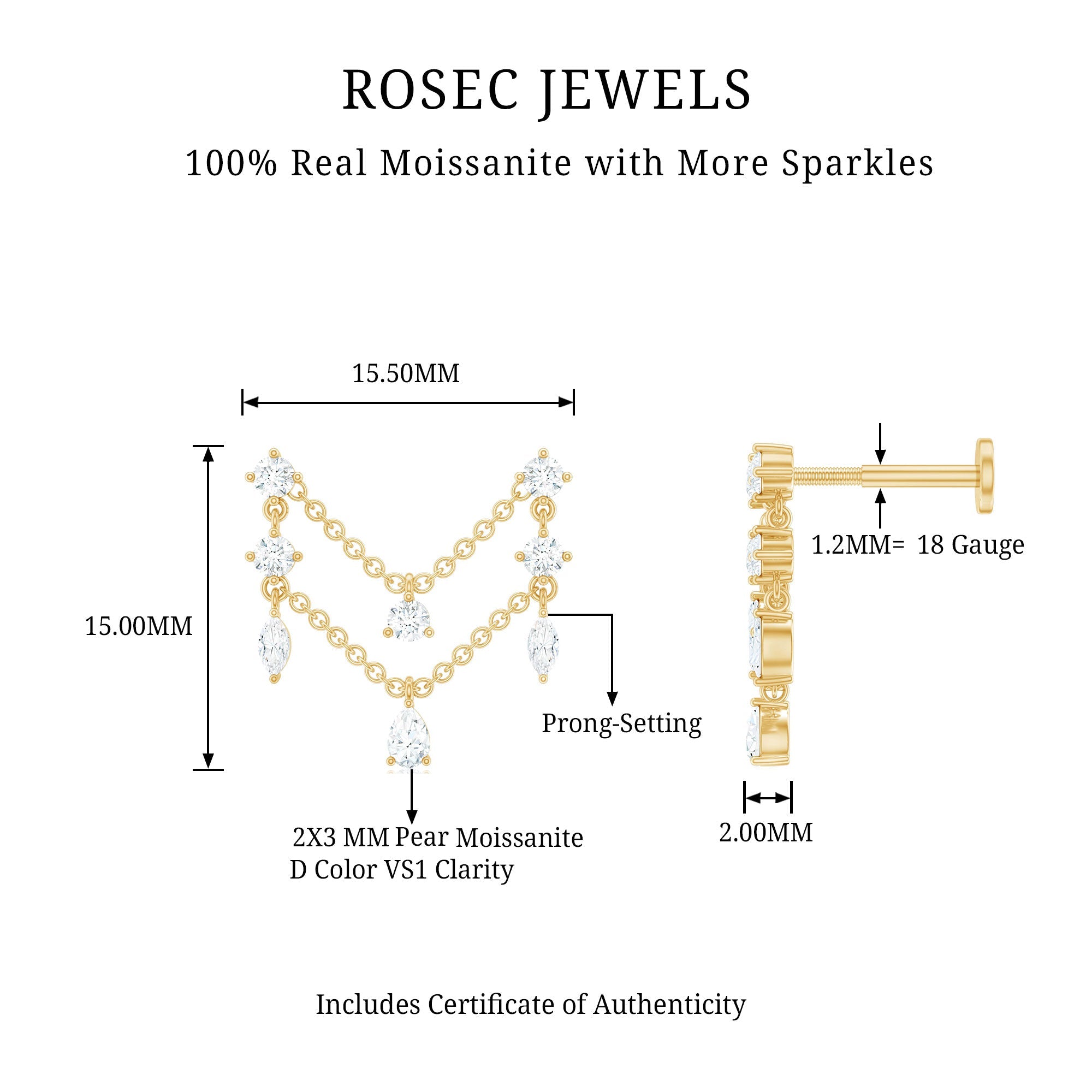 Certified Moissanite Double Chain Helix Earring in Gold