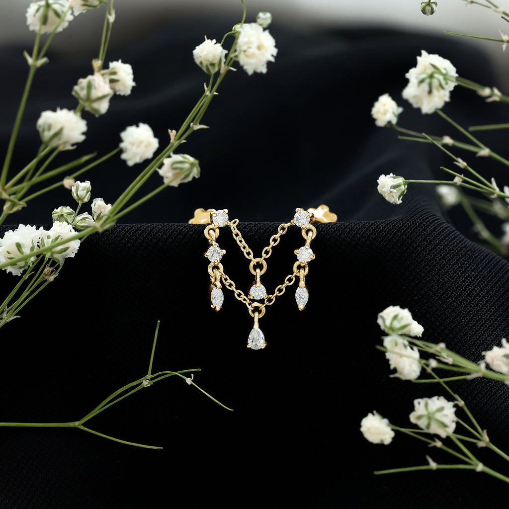 Certified Moissanite Double Chain Helix Earring in Gold